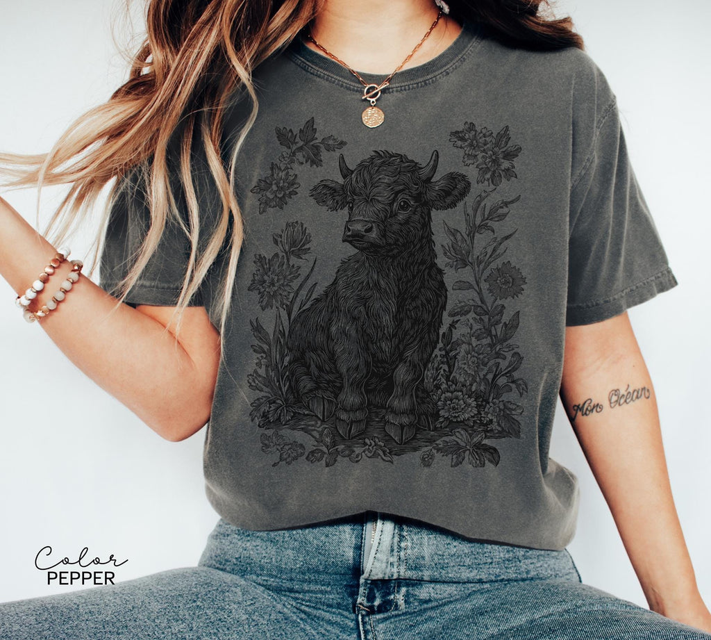 Highland Cow Flower T-Shirt, Cows Lover Tee, Retro Cowboy and Girl, Bohemian Western, Cottagecore, Western Farm Life