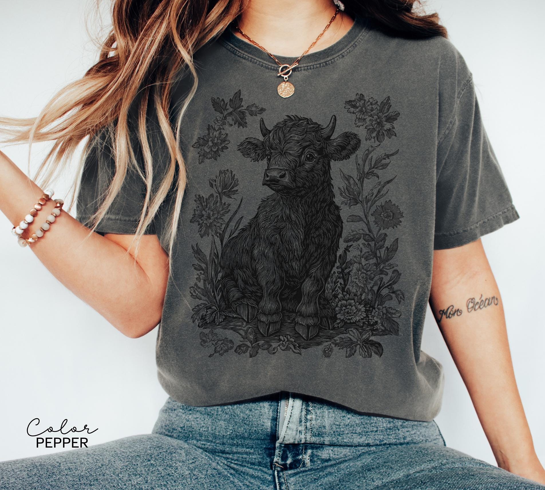 Highland Cow Flower T-Shirt, Cows Lover Tee, Retro Cowboy and Girl, Bohemian Western, Cottagecore, Western Farm Life