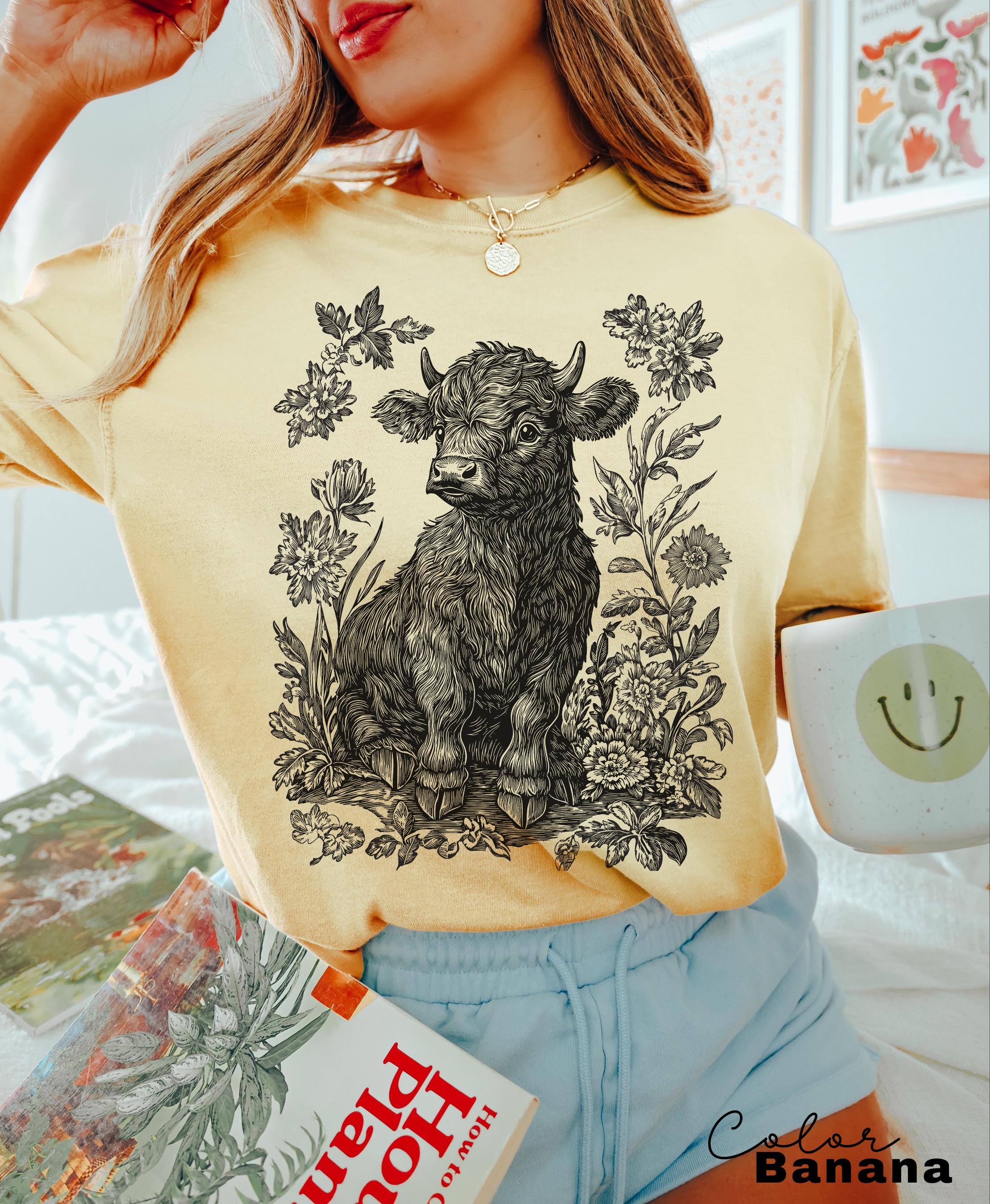 Highland Cow Flower T-Shirt, Cows Lover Tee, Retro Cowboy and Girl, Bohemian Western, Cottagecore, Western Farm Life