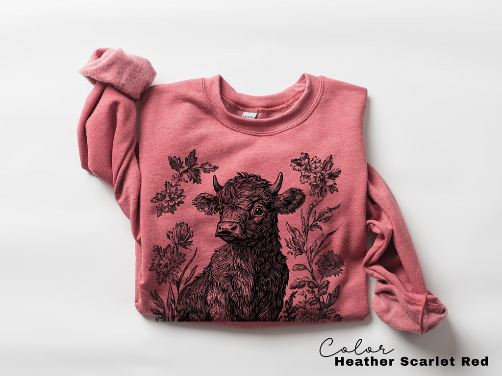 Highland Cow Flower T-Shirt, Cows Lover Tee, Retro Cowboy and Girl, Bohemian Western, Cottagecore, Western Farm Life