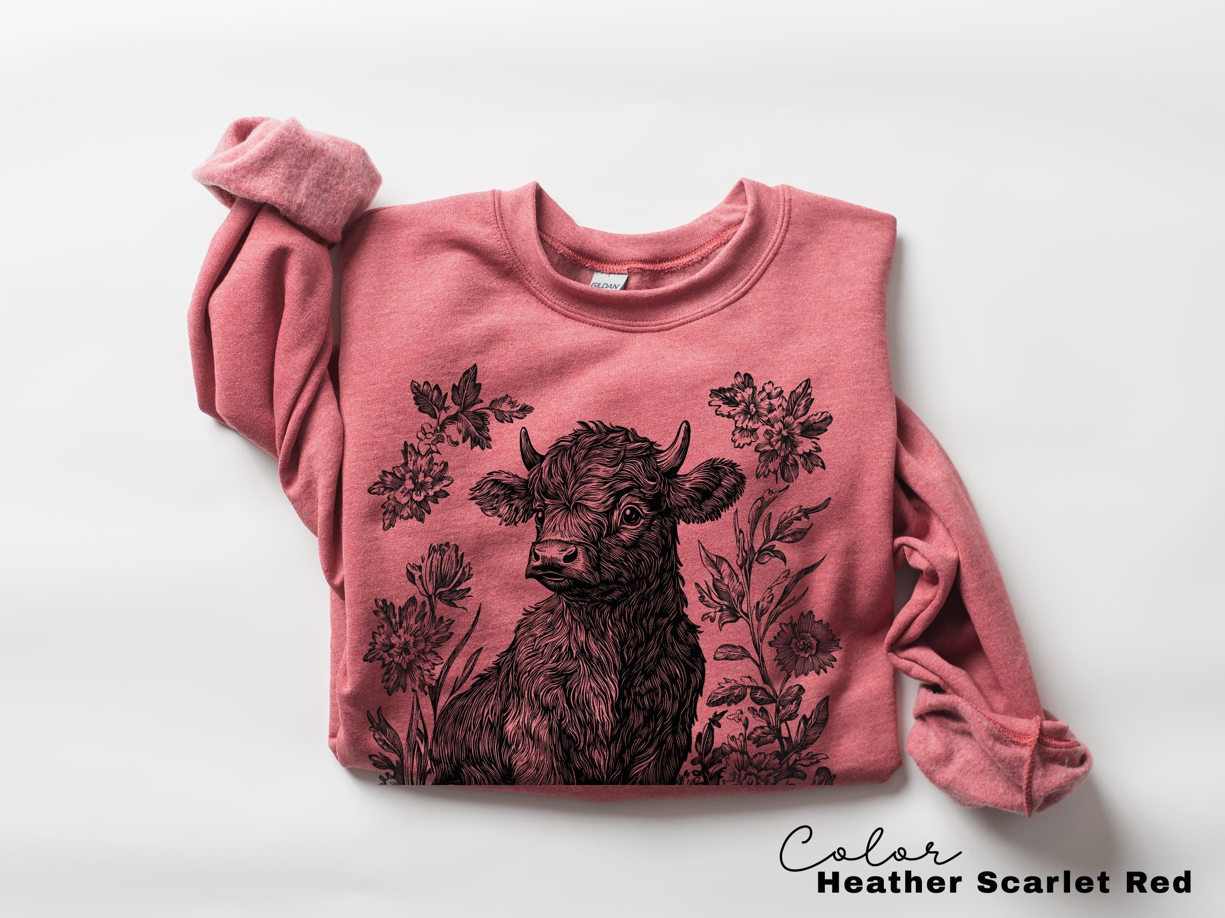 Highland Cow Flower T-Shirt, Cows Lover Tee, Retro Cowboy and Girl, Bohemian Western, Cottagecore, Western Farm Life