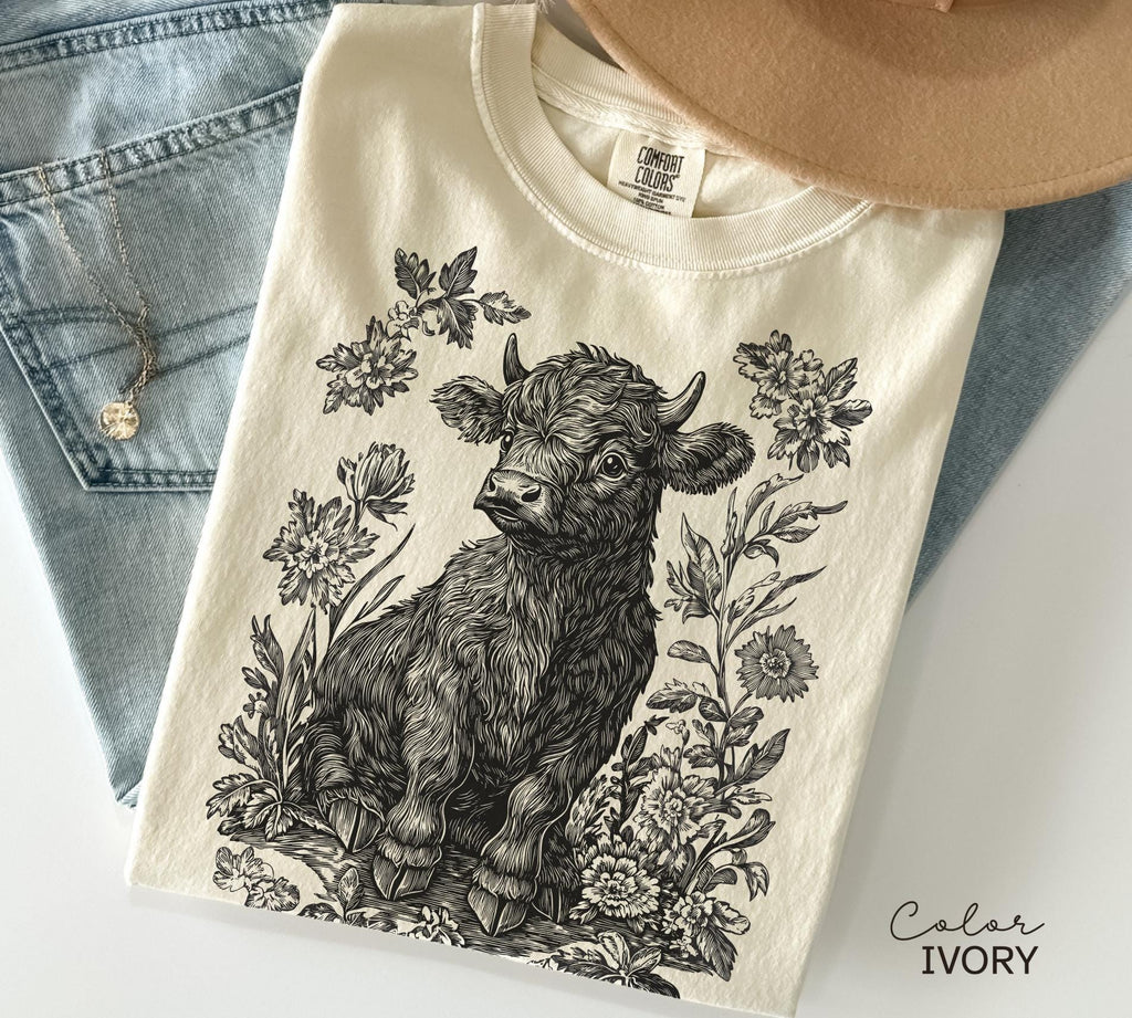 Highland Cow Flower T-Shirt, Cows Lover Tee, Retro Cowboy and Girl, Bohemian Western, Cottagecore, Western Farm Life