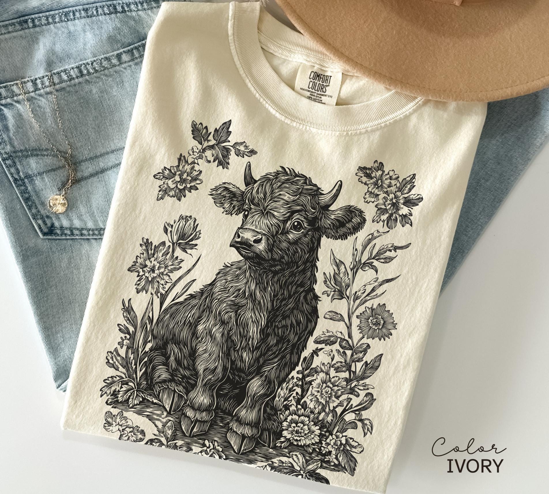 Highland Cow Flower T-Shirt, Cows Lover Tee, Retro Cowboy and Girl, Bohemian Western, Cottagecore, Western Farm Life