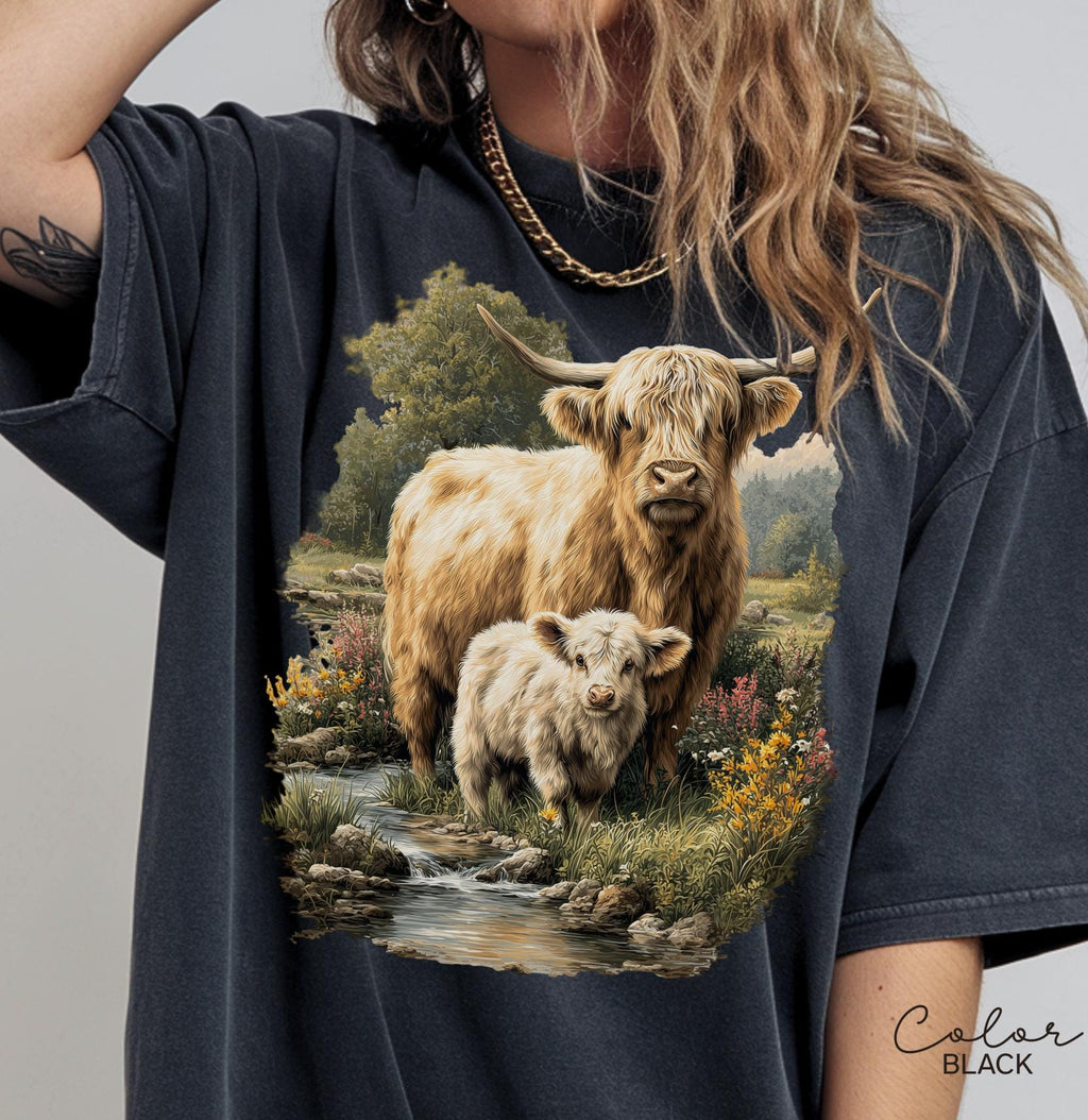 Highland Cow Retro 90s Nature Sweatshirt, Cows Lover Tee, Retro Country, Vintage Style Nature Cow, Cottagecore, Western Farm Life