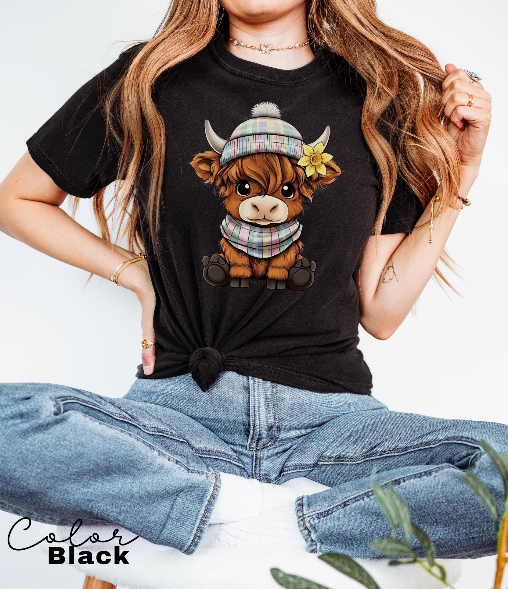 Highland Cow Flower T-Shirt, Cows Lover Tee, Retro Cowboy and Girl, Bohemian Western, Cottagecore, Western Farm Life