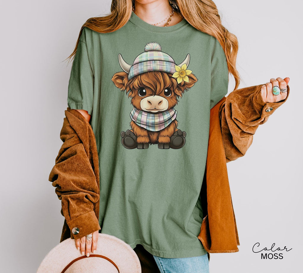 Highland Cow Flower T-Shirt, Cows Lover Tee, Retro Cowboy and Girl, Bohemian Western, Cottagecore, Western Farm Life