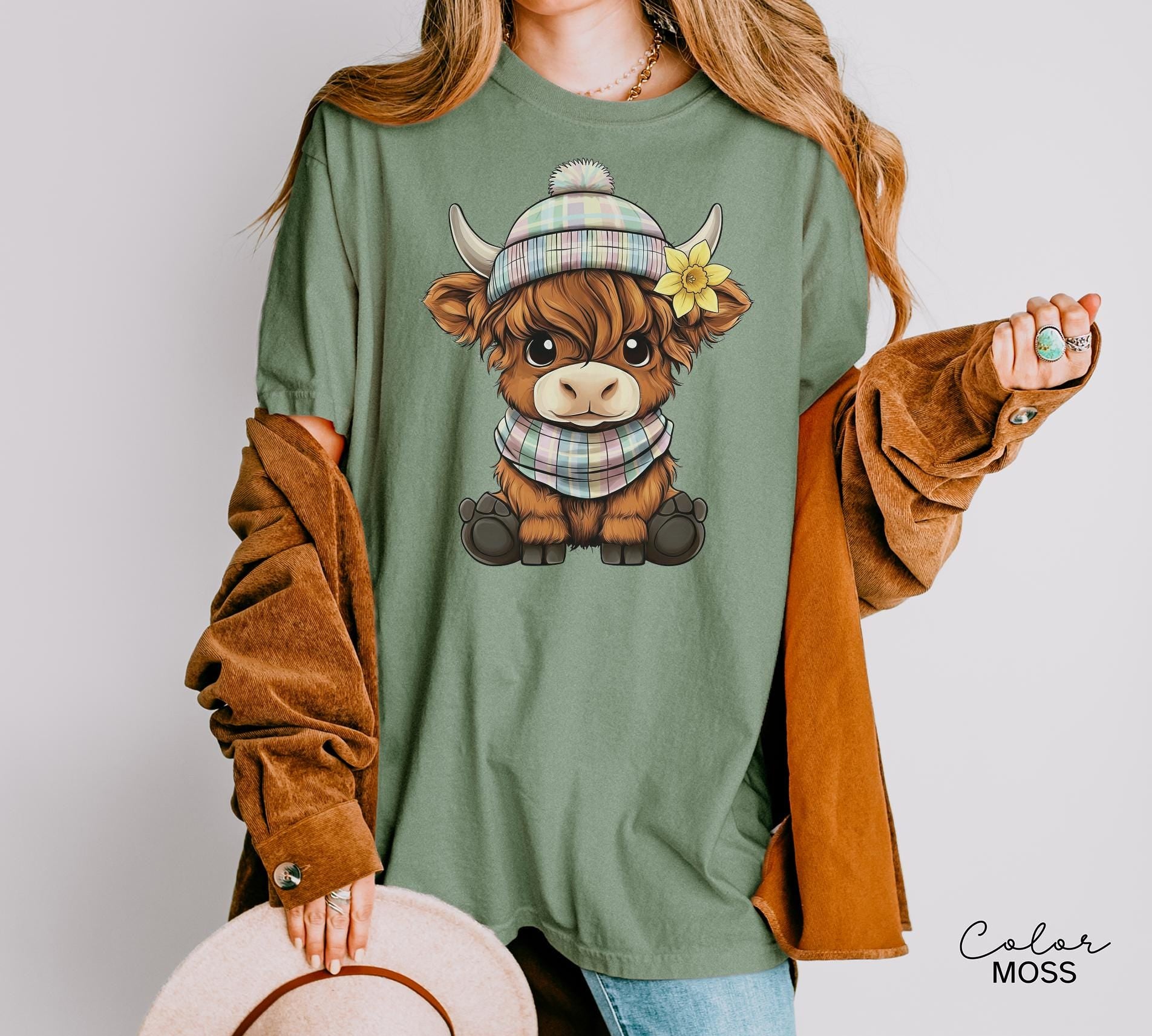 Highland Cow Flower T-Shirt, Cows Lover Tee, Retro Cowboy and Girl, Bohemian Western, Cottagecore, Western Farm Life