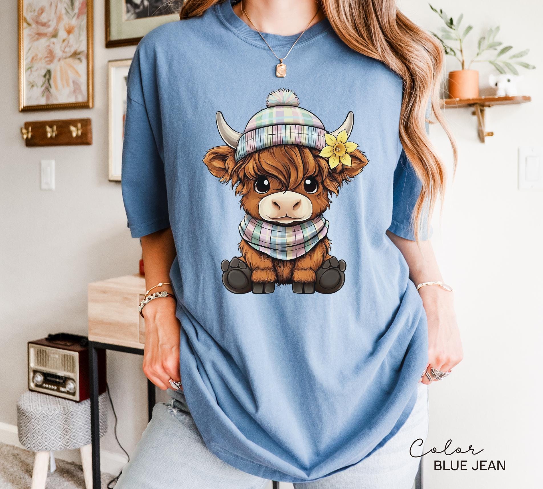 Highland Cow Flower T-Shirt, Cows Lover Tee, Bohemian Western Shirt