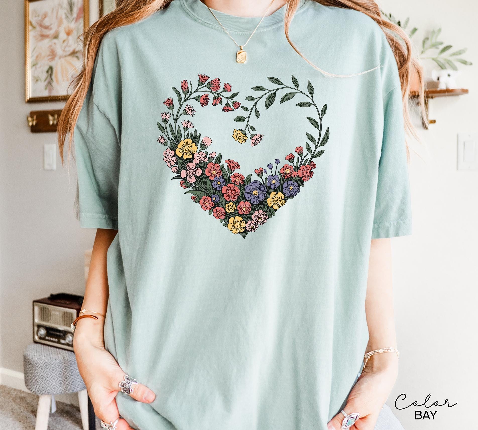 Cottagecore Floral Heart Shirt, Pressed Flower Tee, Boho Botanical Wildflower Shirt, Gift for Her