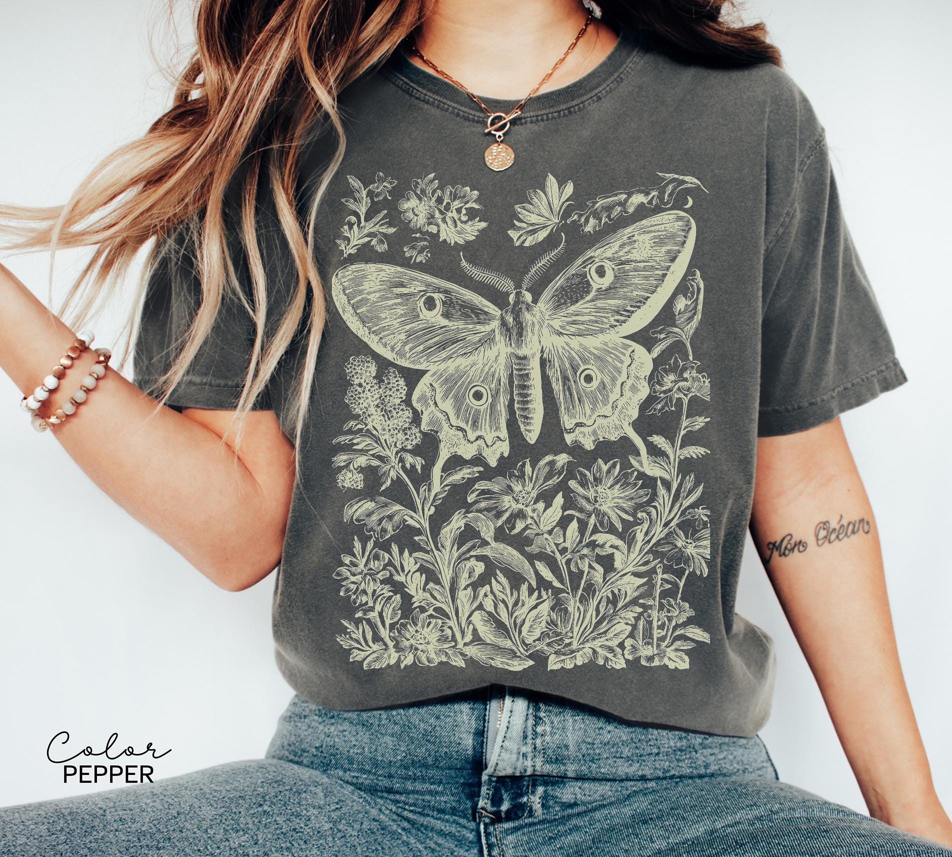 Vintage Oversized Comfort Colors Moth Sweatshirt, Cottagecore Nature Tee