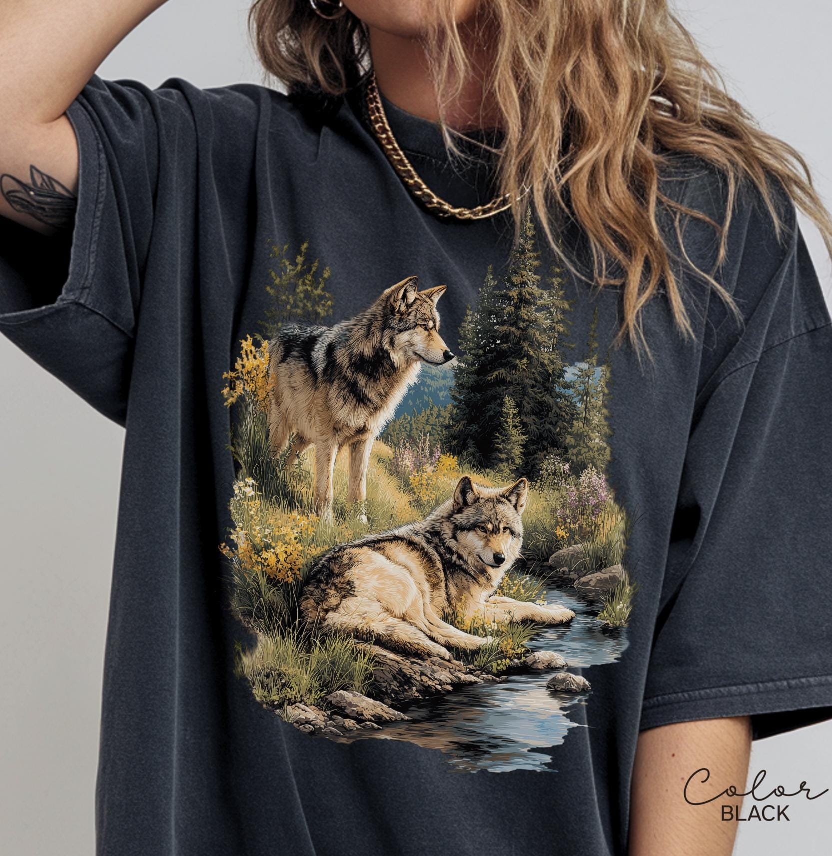 Retro Wolf 90s Sweatshirt , Nature Vintage Wildlife Forest Crewneck, Boho Unisex Cabincore Crewneck Cozy Season Rustic Wolves, Nostalgia