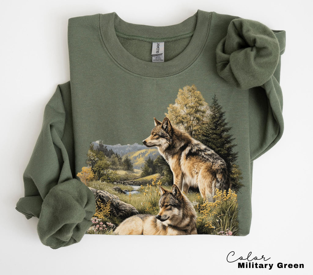 Retro Wolf 90s Spring T-Shirt, Nature Vintage Wildlife Forest Crewneck, Boho Unisex Cabincore Crewneck Cozy Season Rustic Wolves, Nostalgia