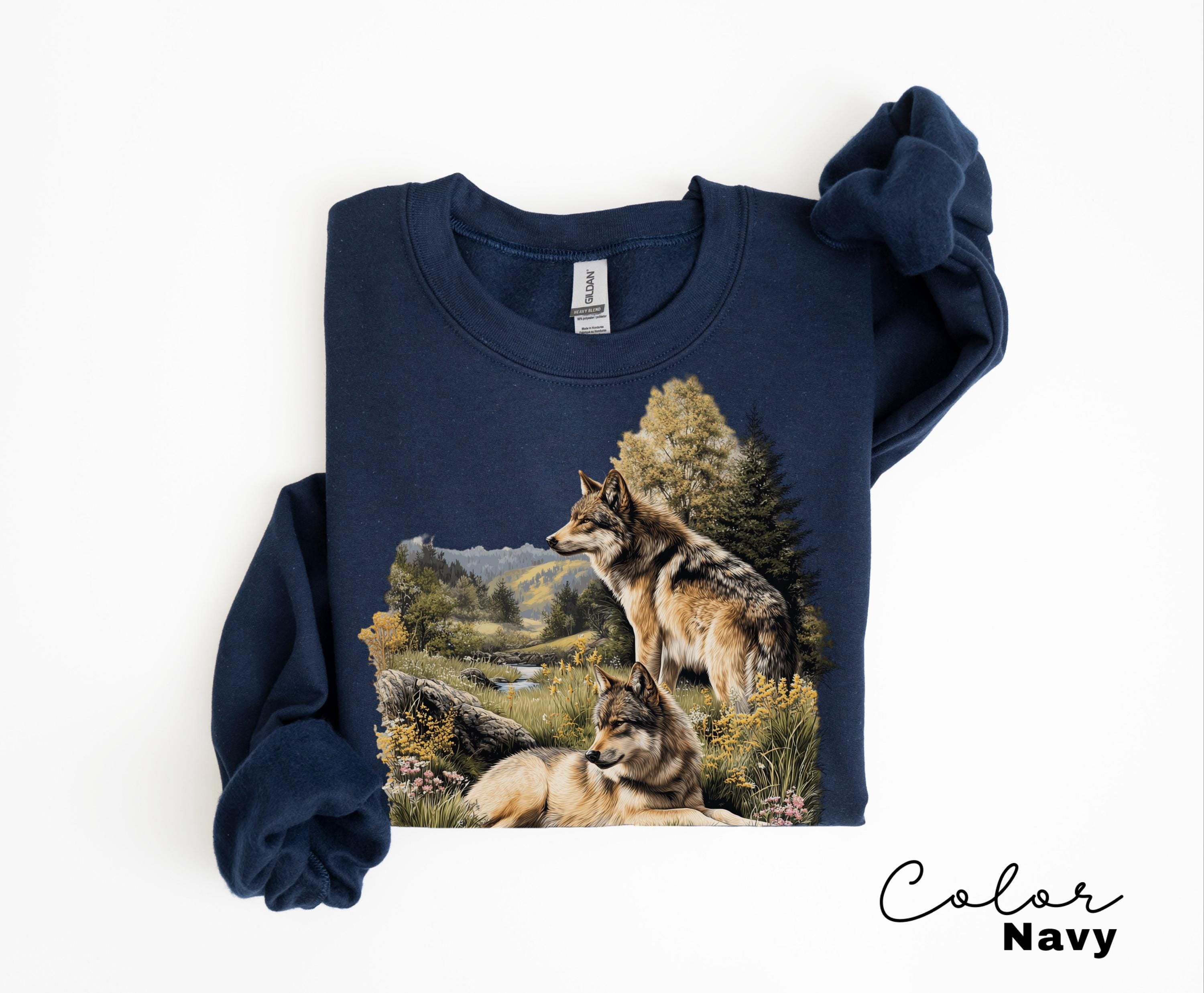 Retro Wolf 90s Spring T-Shirt, Nature Vintage Wildlife Forest Crewneck, Boho Unisex Cabincore Crewneck Cozy Season Rustic Wolves, Nostalgia