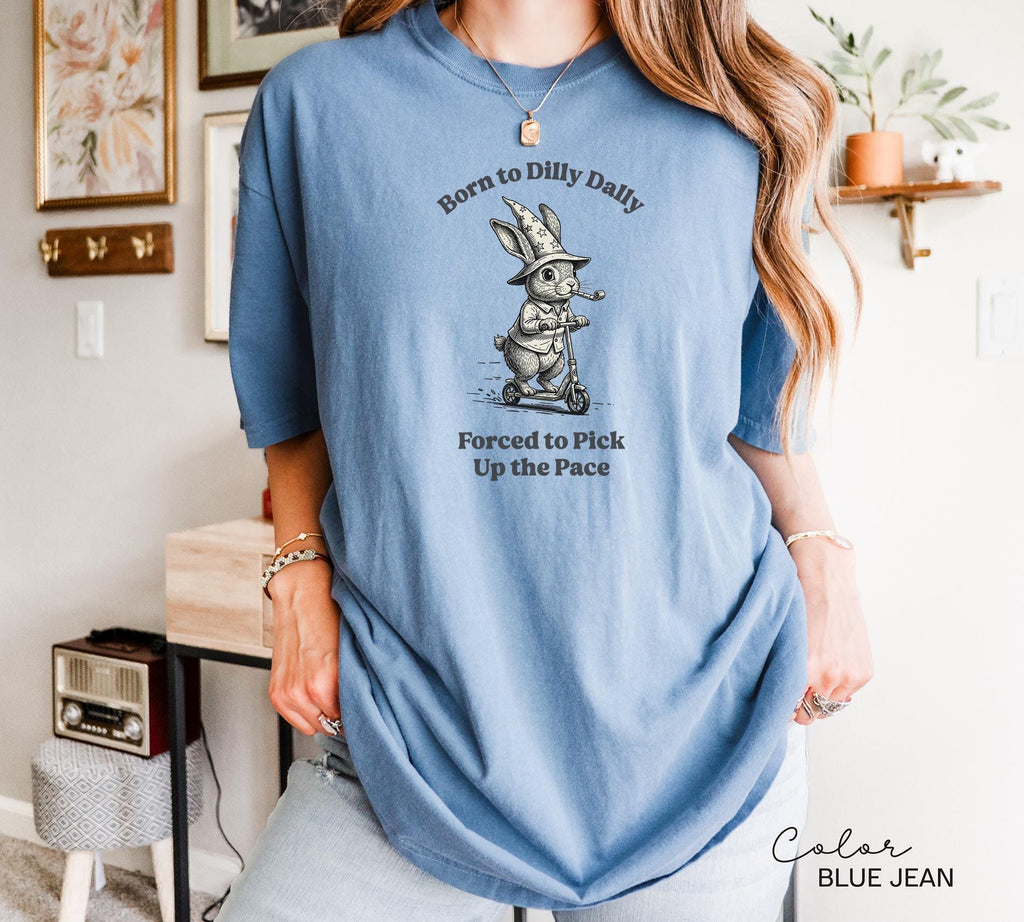 Funny Mental Health Shirt Born to Dilly Dally Rabbit Scooter Tee