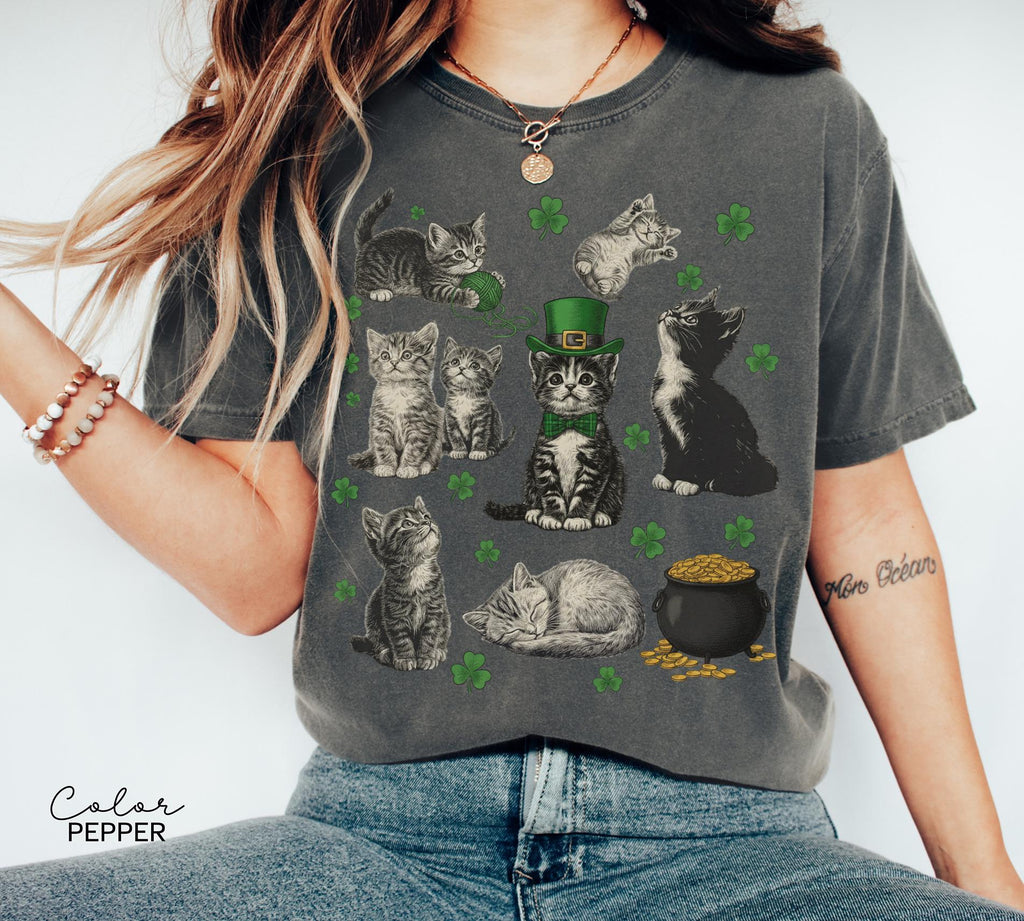 St Patricks Day Comfort Colors Cat Kitten Shirt, Lucky Shamrock, Cute Saint Patrick's Party Tee, Kitten Sweatshirt