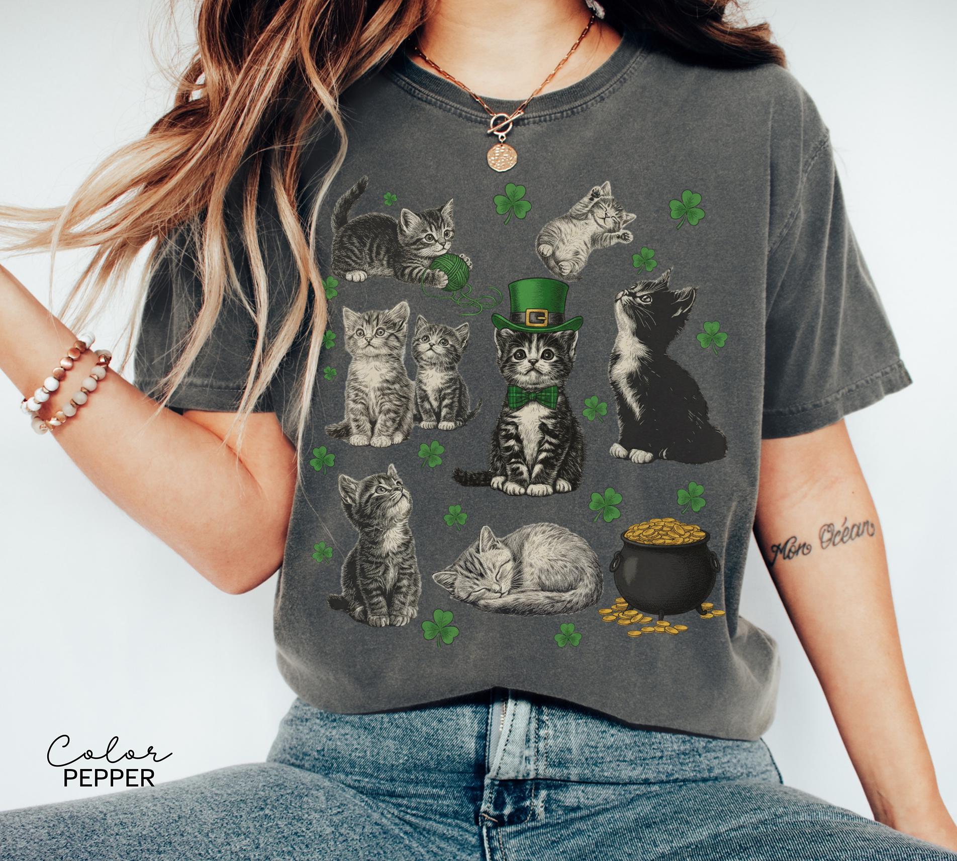 St Patricks Day Comfort Colors Cat Kitten Shirt, Lucky Shamrock, Cute Saint Patrick's Party Tee, Kitten Sweatshirt