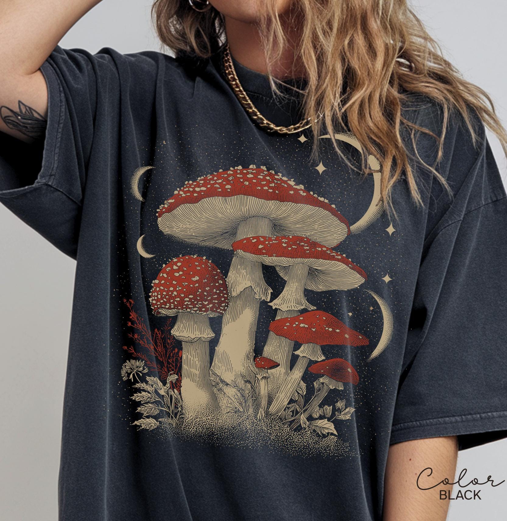 Retro Celestial Mushroom Shirt, Boho Trendy Sweatshirt, Astrology Shirt, Mushroom Lover Gift Tee, Botanic Sweatshirt