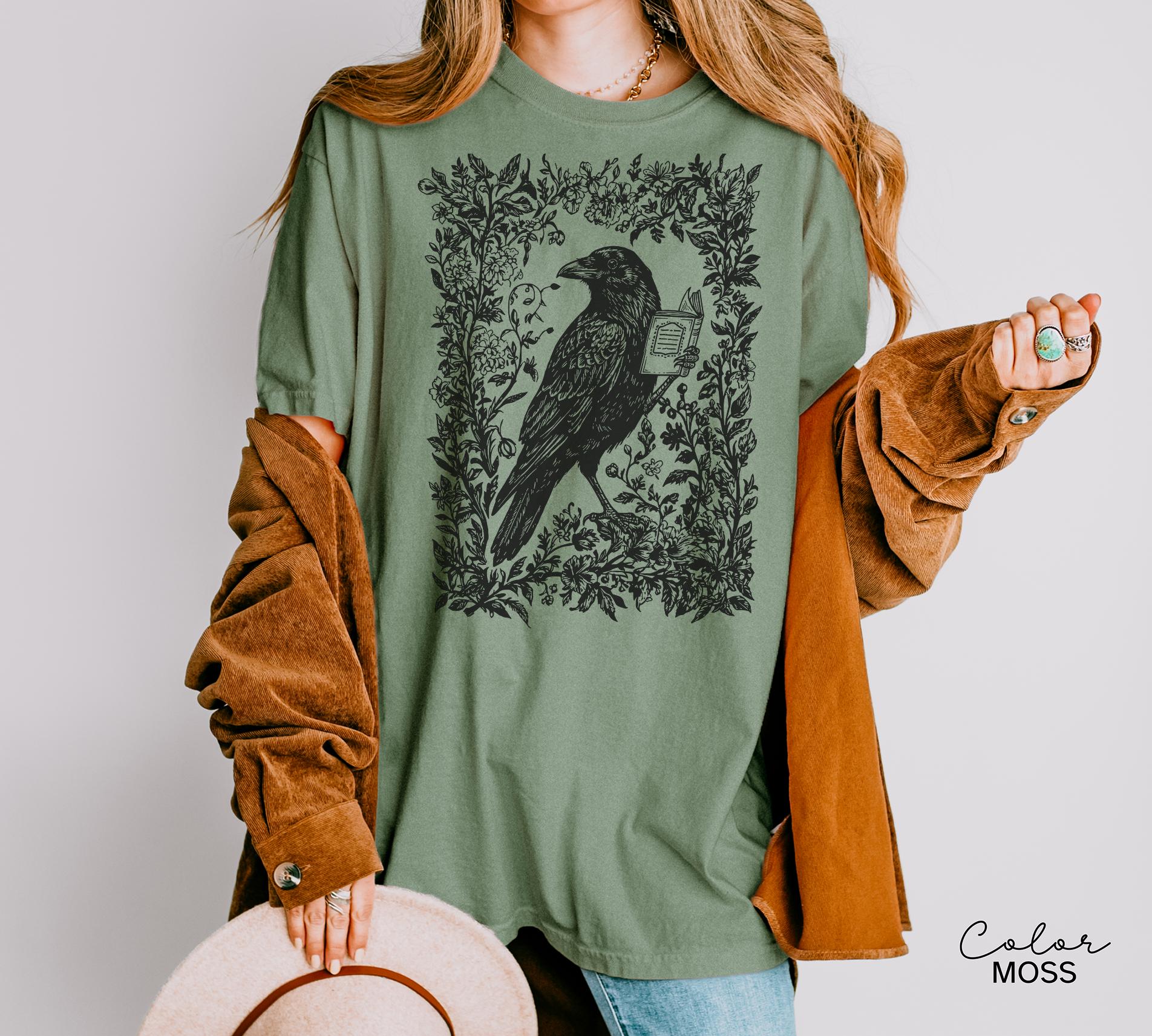 Crow Reading Shirt Sweatshirt, Book Lover, Bookish Gift, Floral Dark Academia, Fantasy Reader Gift, Folk Art Bird Shirt