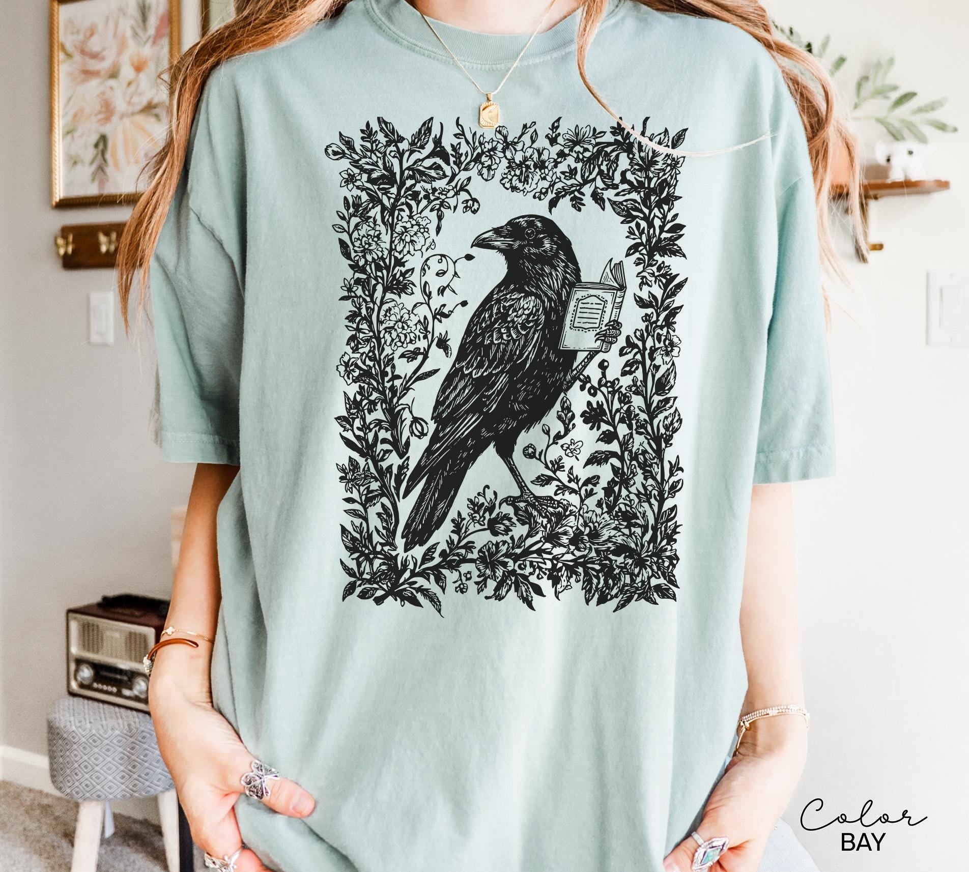 Crow Reading Shirt Sweatshirt, Book Lover, Bookish Gift, Floral Dark Academia, Fantasy Reader Gift, Folk Art Bird Shirt