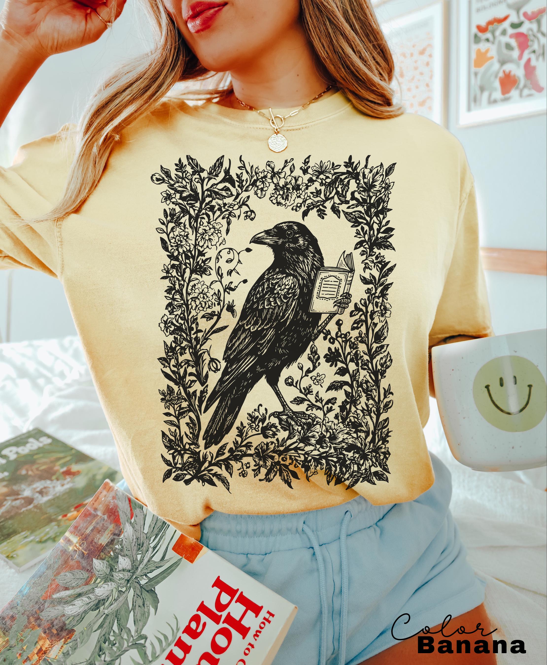Crow Reading Shirt Sweatshirt, Book Lover, Bookish Gift, Floral Dark Academia, Fantasy Reader Gift, Folk Art Bird Shirt