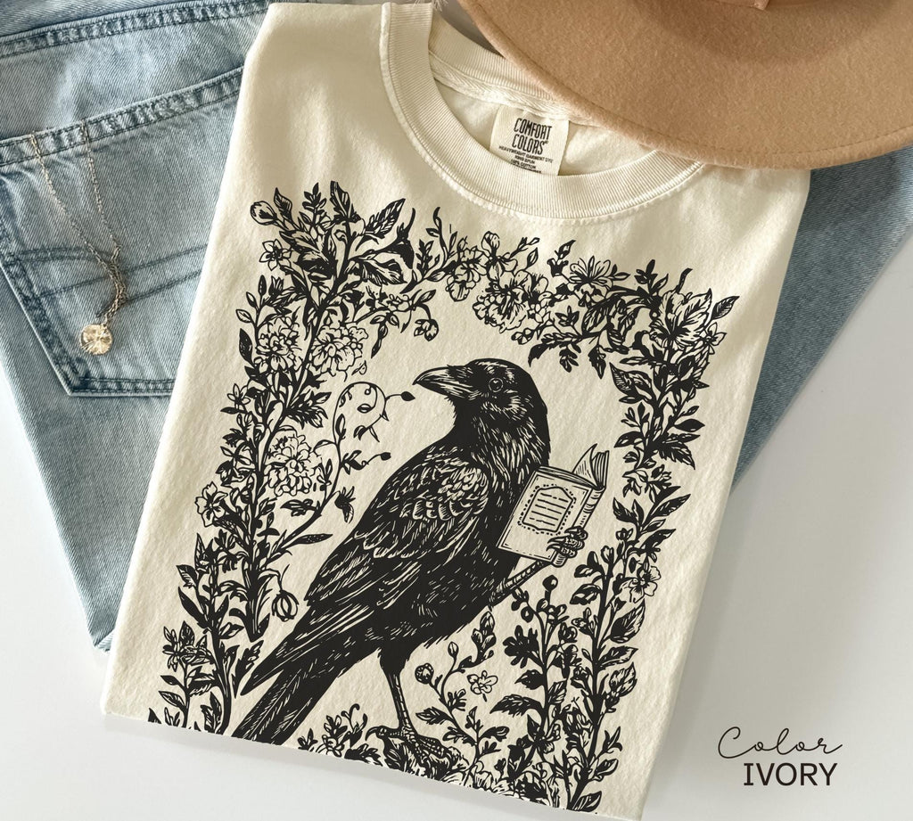 Crow Reading Shirt Sweatshirt, Book Lover, Bookish Gift, Floral Dark Academia, Fantasy Reader Gift, Folk Art Bird Shirt