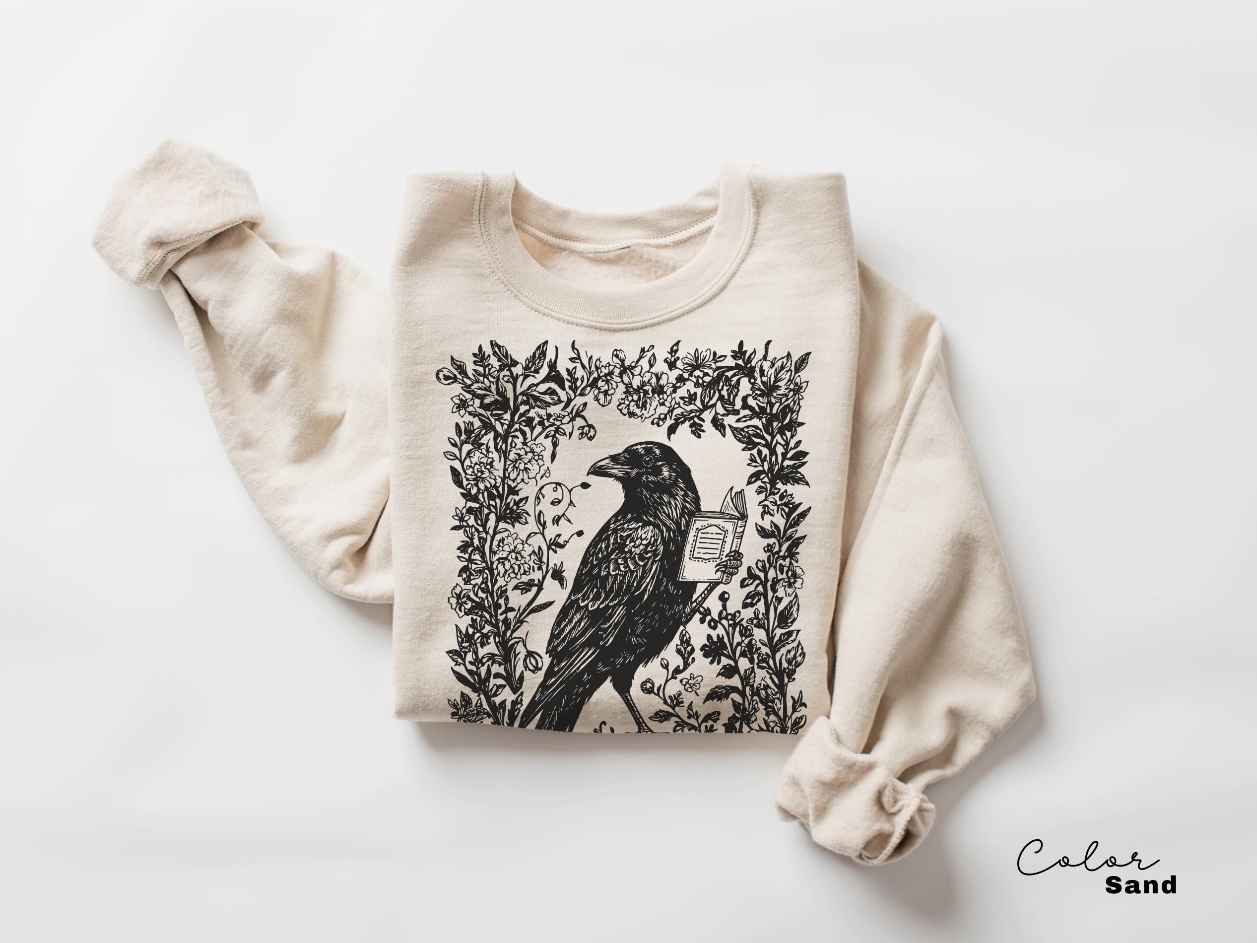 Crow Reading Shirt Sweatshirt, Book Lover, Bookish Gift, Floral Dark Academia, Fantasy Reader Gift, Folk Art Bird Shirt