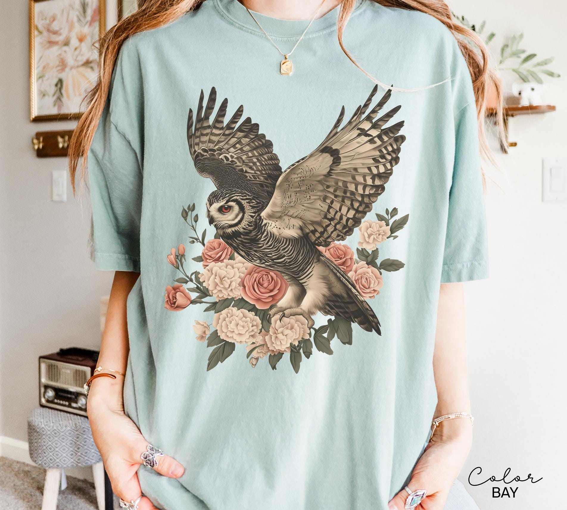 Vintage Style Owl Shirt, Cottagecore Floral Sweatshirt, Folk Art Forest Animal TShirt, Woodland Aesthetic