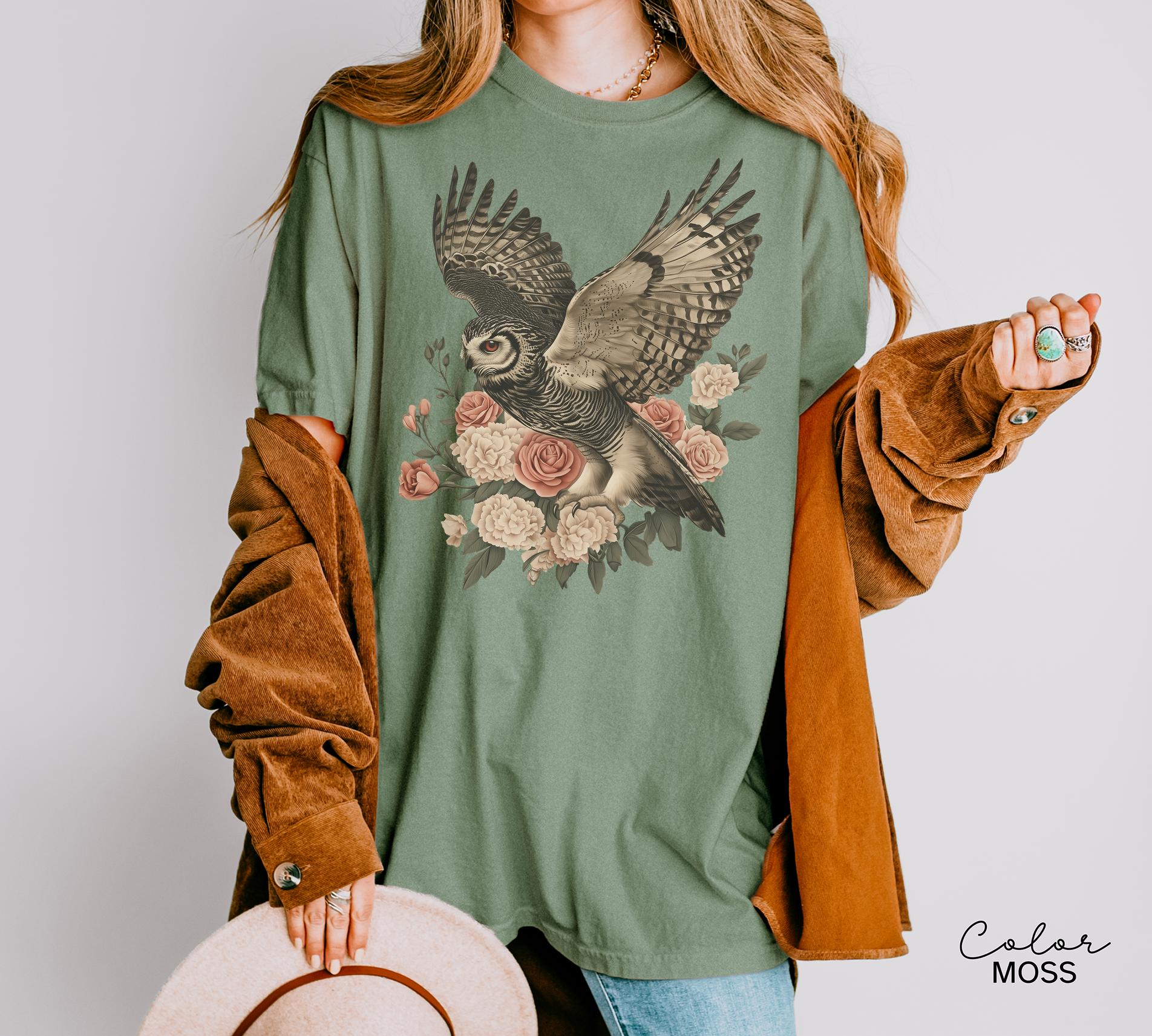 Vintage Style Owl Shirt, Cottagecore Floral Sweatshirt, Folk Art Forest Animal TShirt, Woodland Aesthetic