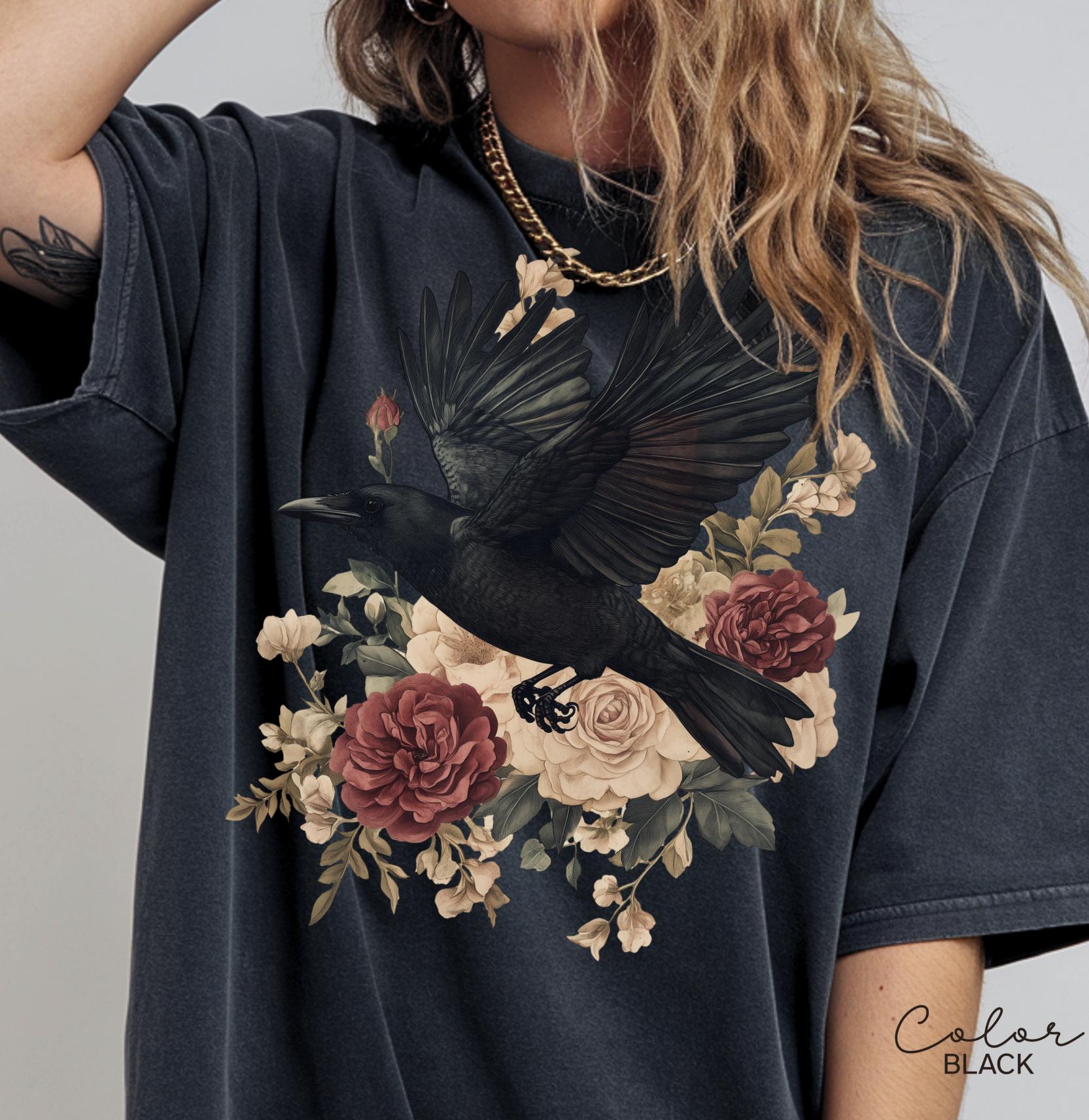 Crow Floral T-Shirt, Gothic Cottagecore Graphic Tee, Crow 90s T Shirt, Cottagecore Floral Sweatshirt,