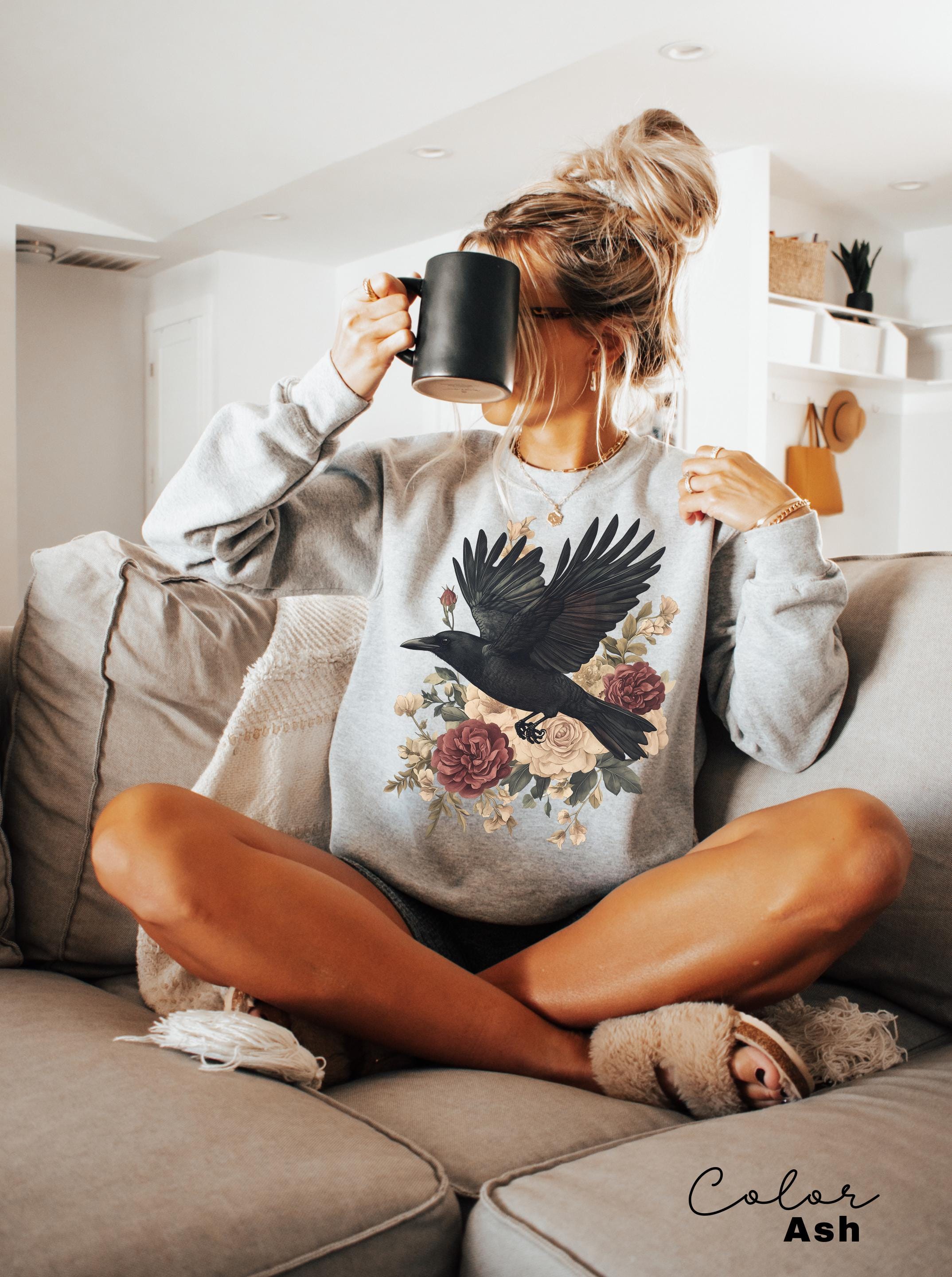 Crow Floral T-Shirt, Gothic Cottagecore Graphic Tee, Crow 90s T Shirt, Cottagecore Floral Sweatshirt,