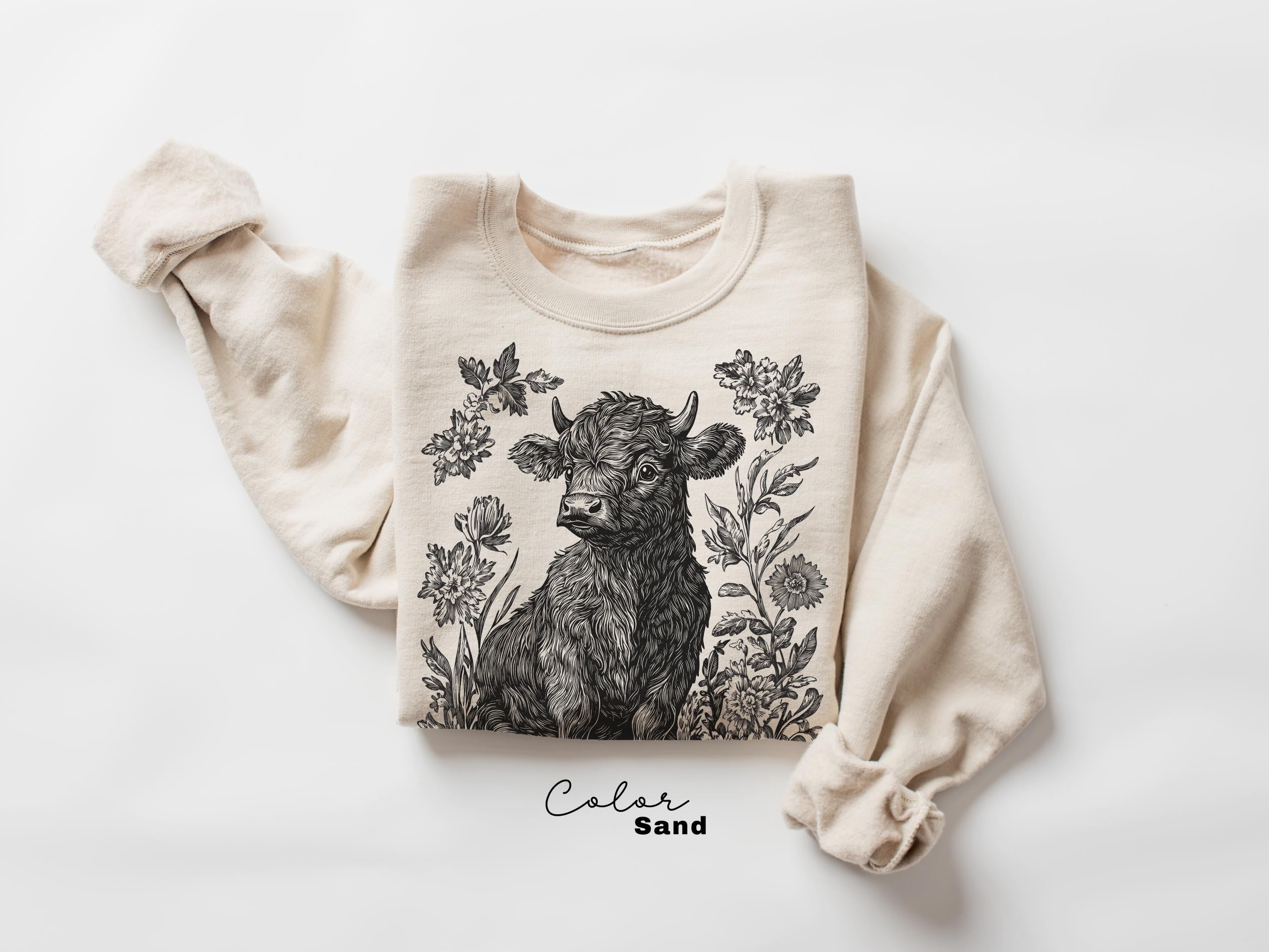 Highland Cow Flower T-Shirt, Cows Lover Tee, Retro Cowboy and Girl, Bohemian Western, Cottagecore, Western Farm Life