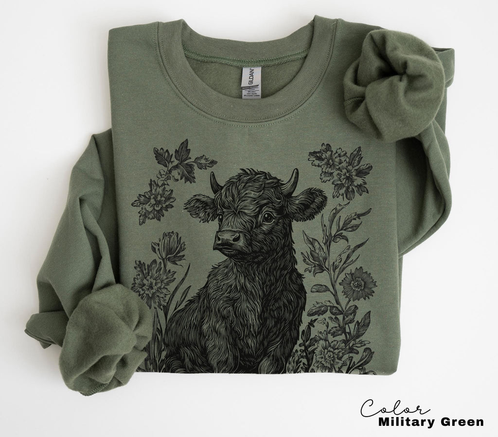 Highland Cow Flower T-Shirt, Cows Lover Tee, Retro Cowboy and Girl, Bohemian Western, Cottagecore, Western Farm Life