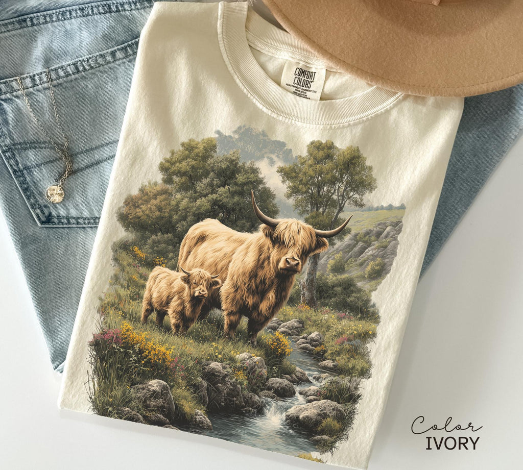 Cows Lover, Sunflower Spring T-shirt, Highland Cow, Nature Sweatshirt, Boho Western, Cottagecore, Western Farm Life