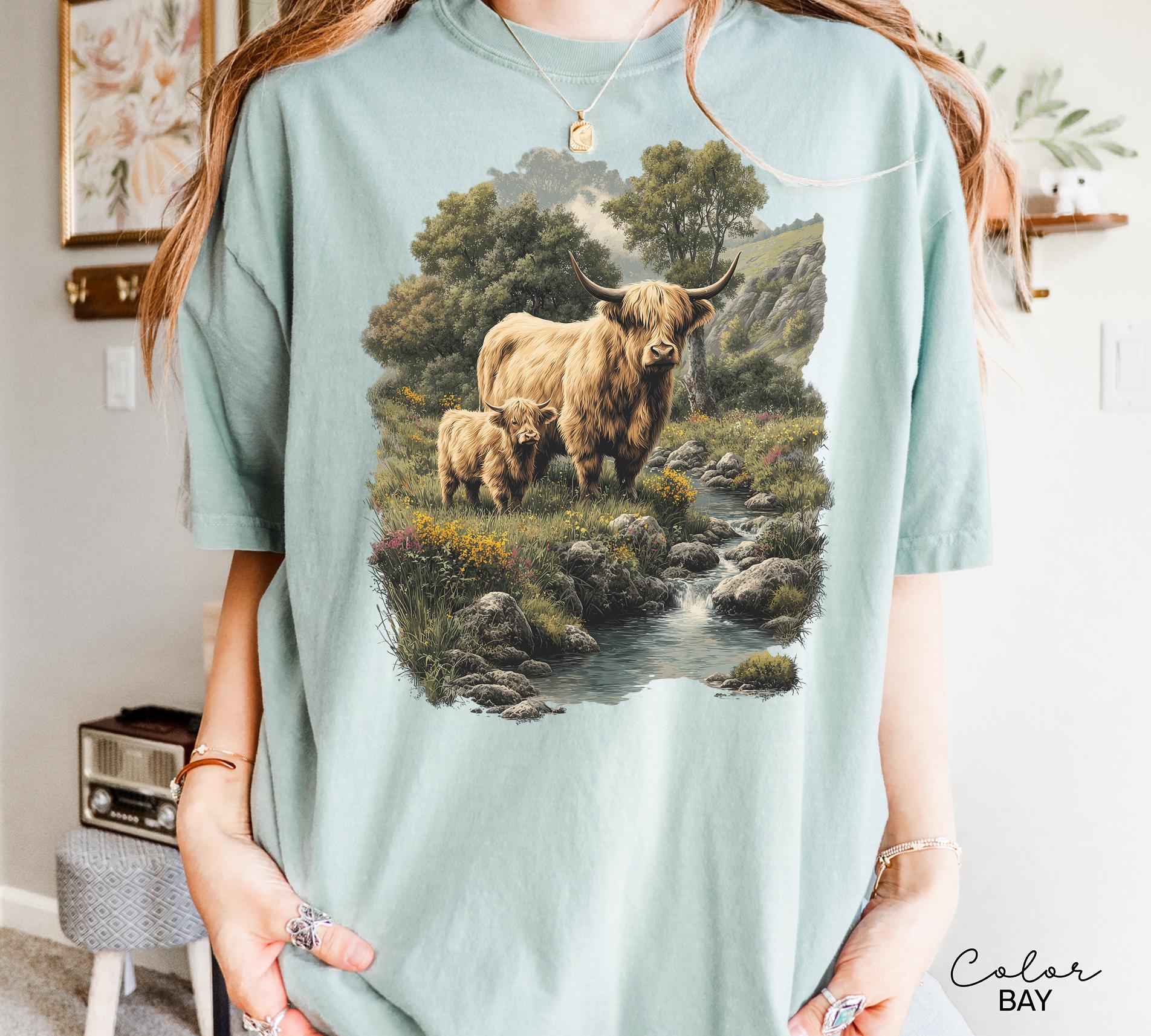 Cows Lover, Sunflower Spring T-shirt, Highland Cow, Nature Sweatshirt, Boho Western, Cottagecore, Western Farm Life