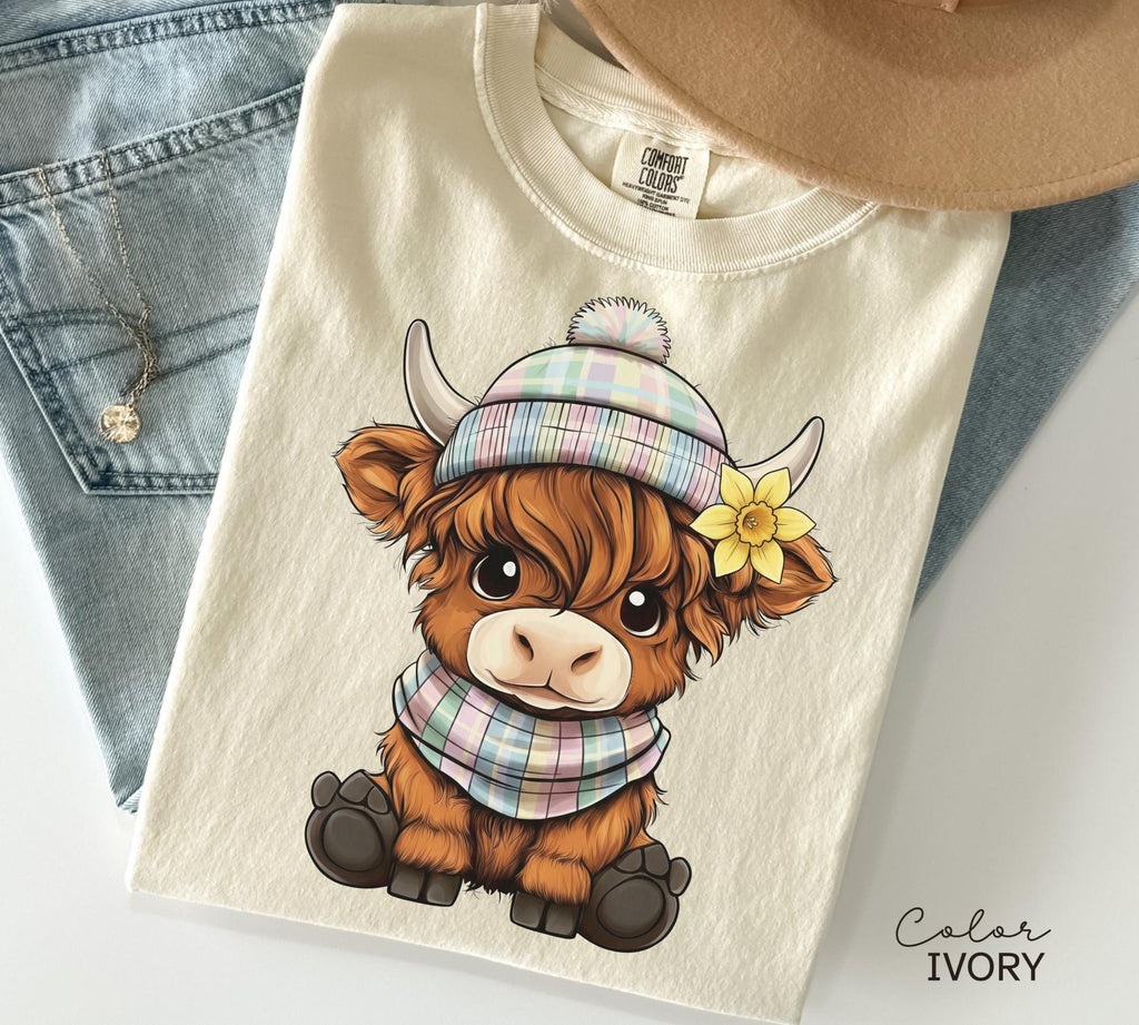 Highland Cow Flower T-Shirt, Cows Lover Tee, Retro Cowboy and Girl, Bohemian Western, Cottagecore, Western Farm Life