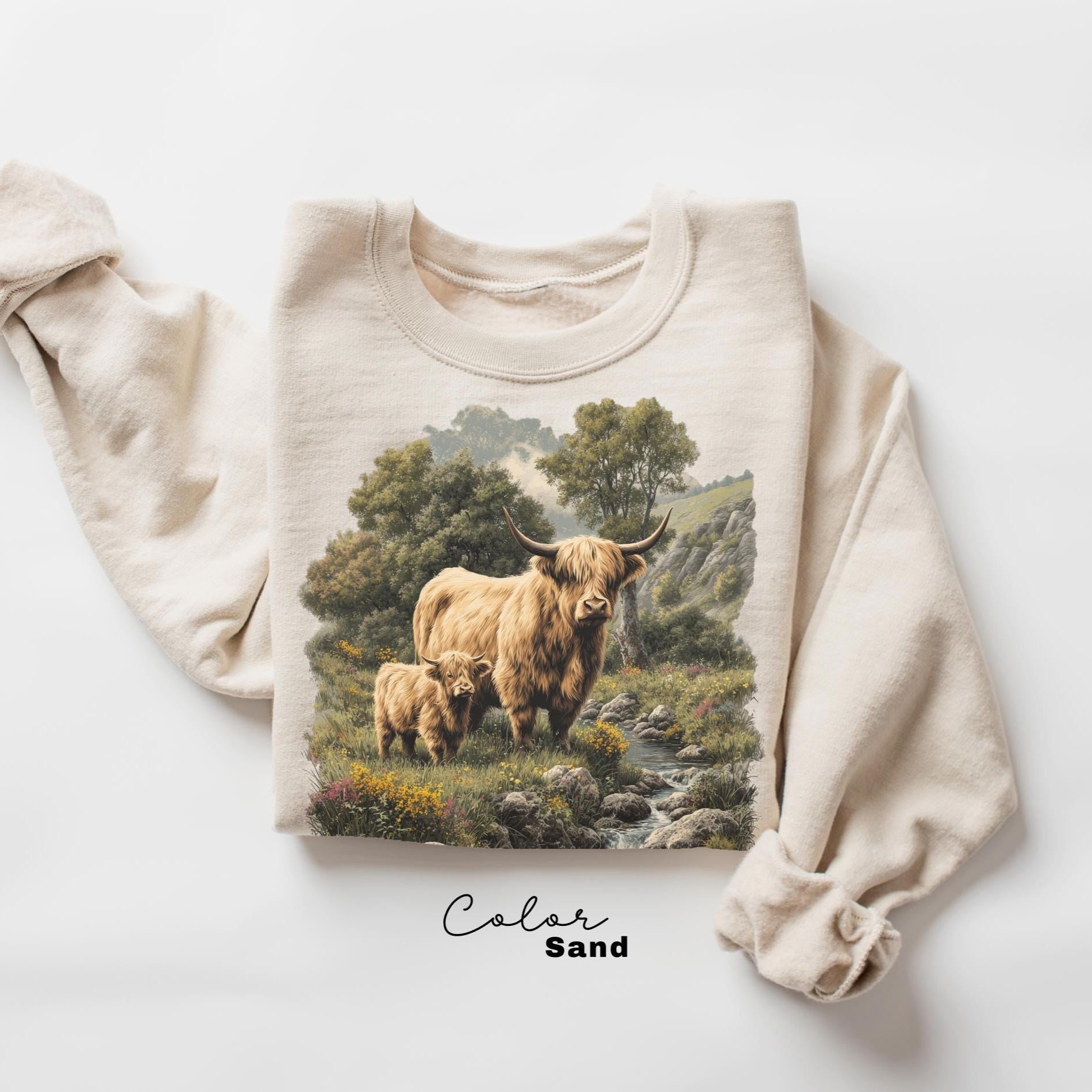Cows Lover, Sunflower Spring T-shirt, Highland Cow, Nature Sweatshirt, Boho Western, Cottagecore, Western Farm Life