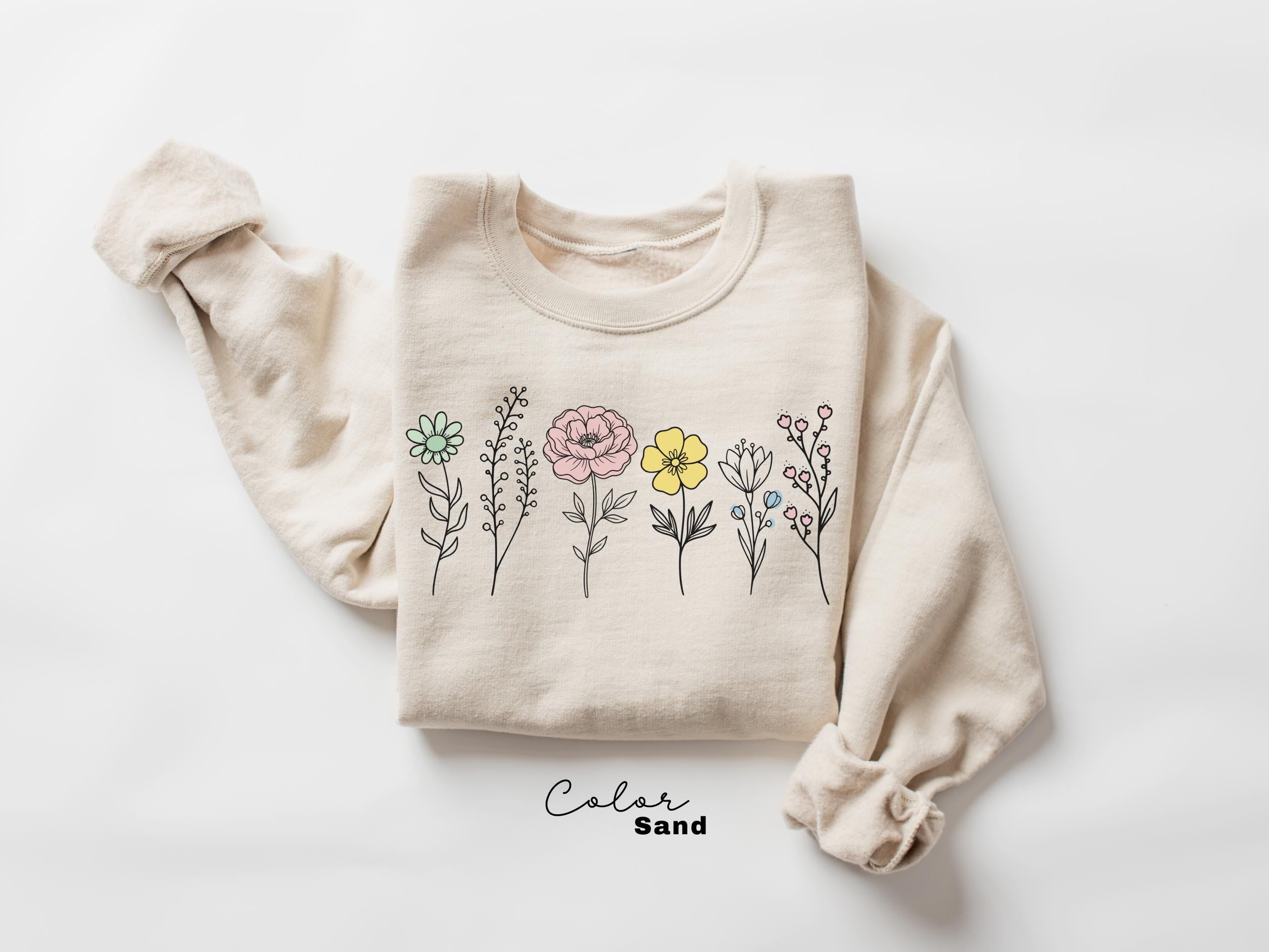 Boho Wildflower Shirt, Vintage Style Botanical Graphic Sweatshirt, Floral Cottagecore Nature Shirt