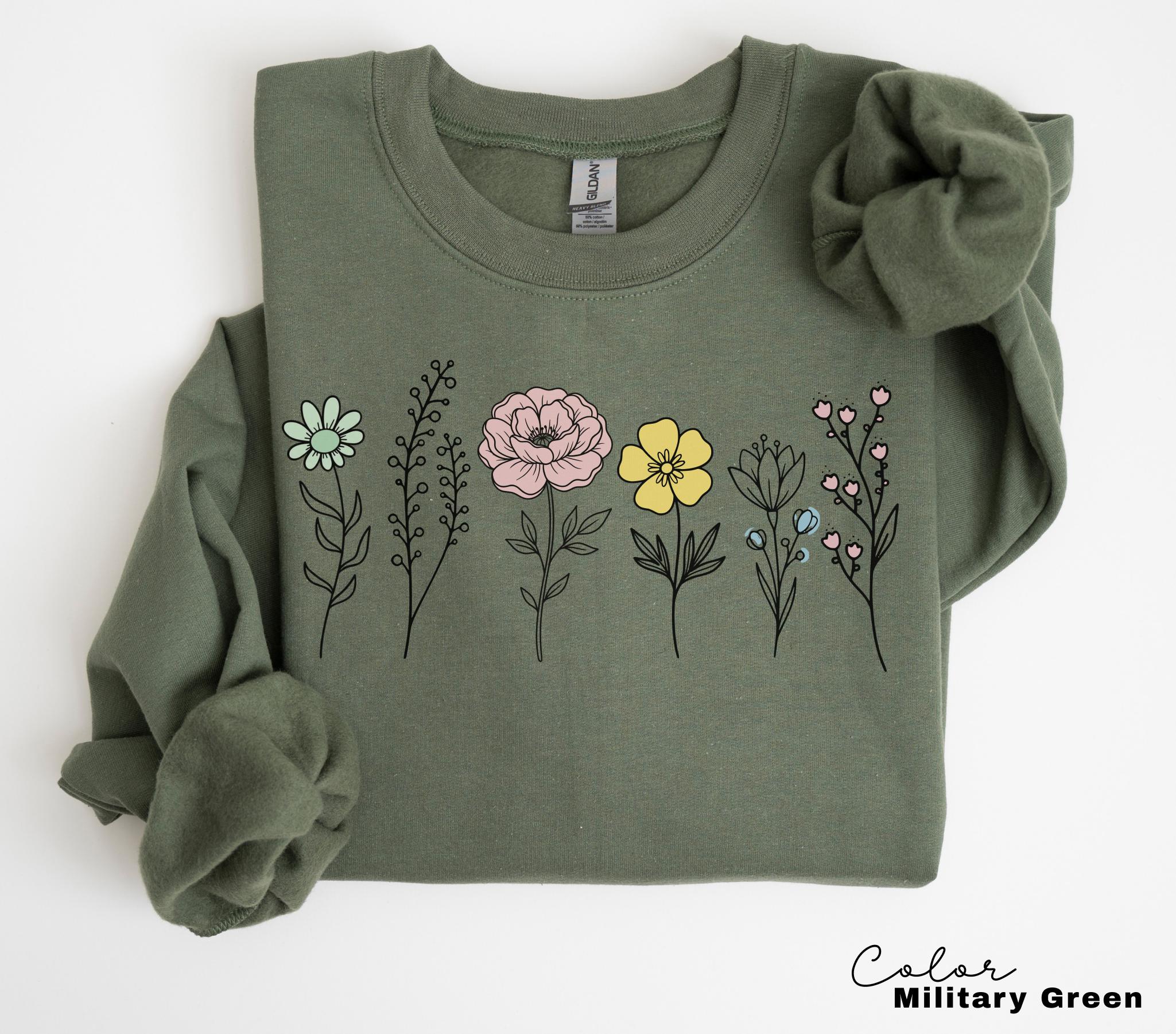 Boho Wildflower Shirt, Vintage Style Botanical Graphic Sweatshirt, Floral Cottagecore Nature Shirt