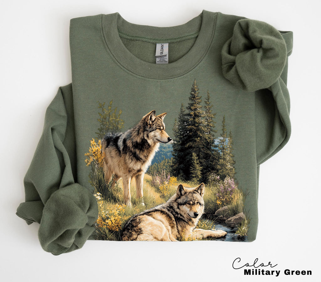 Retro Wolf 90s Sweatshirt , Nature Vintage Wildlife Forest Crewneck, Boho Unisex Cabincore Crewneck Cozy Season Rustic Wolves, Nostalgia