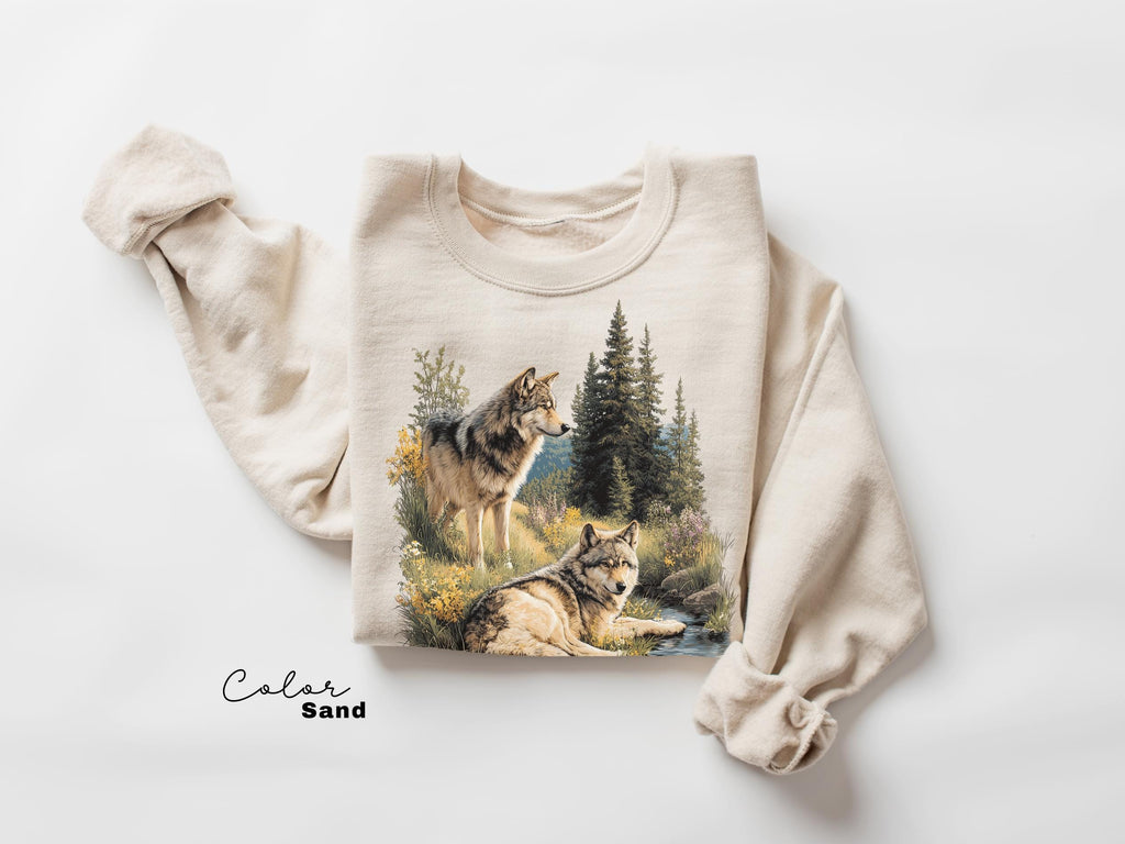 Retro Wolf 90s Sweatshirt , Nature Vintage Wildlife Forest Crewneck, Boho Unisex Cabincore Crewneck Cozy Season Rustic Wolves, Nostalgia