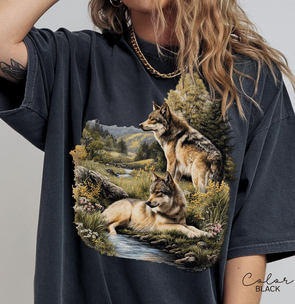 Retro Wolf 90s Spring T-Shirt, Nature Vintage Wildlife Forest Crewneck, Boho Unisex Cabincore Crewneck Cozy Season Rustic Wolves, Nostalgia