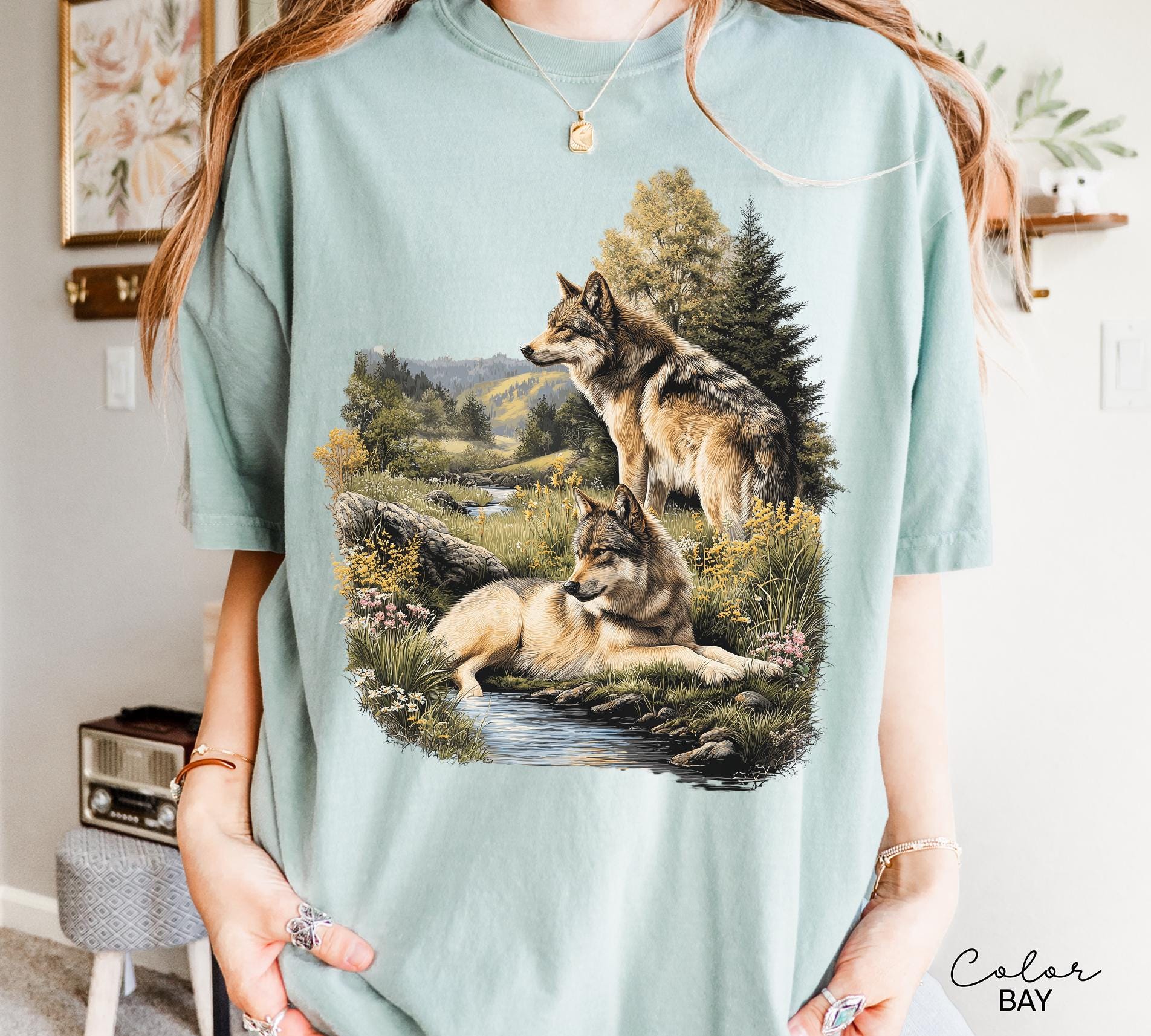 Retro Wolf 90s Spring T-Shirt, Nature Vintage Wildlife Forest Crewneck, Boho Unisex Cabincore Crewneck Cozy Season Rustic Wolves, Nostalgia