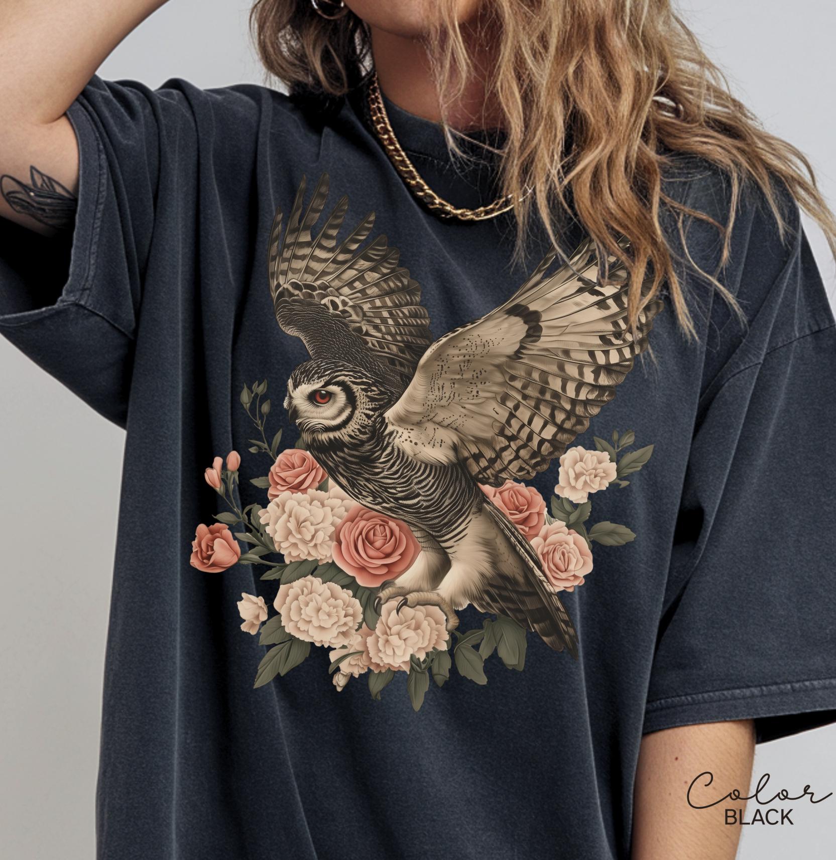 Vintage Style Owl Shirt, Cottagecore Floral Sweatshirt, Folk Art Forest Animal TShirt, Woodland Aesthetic