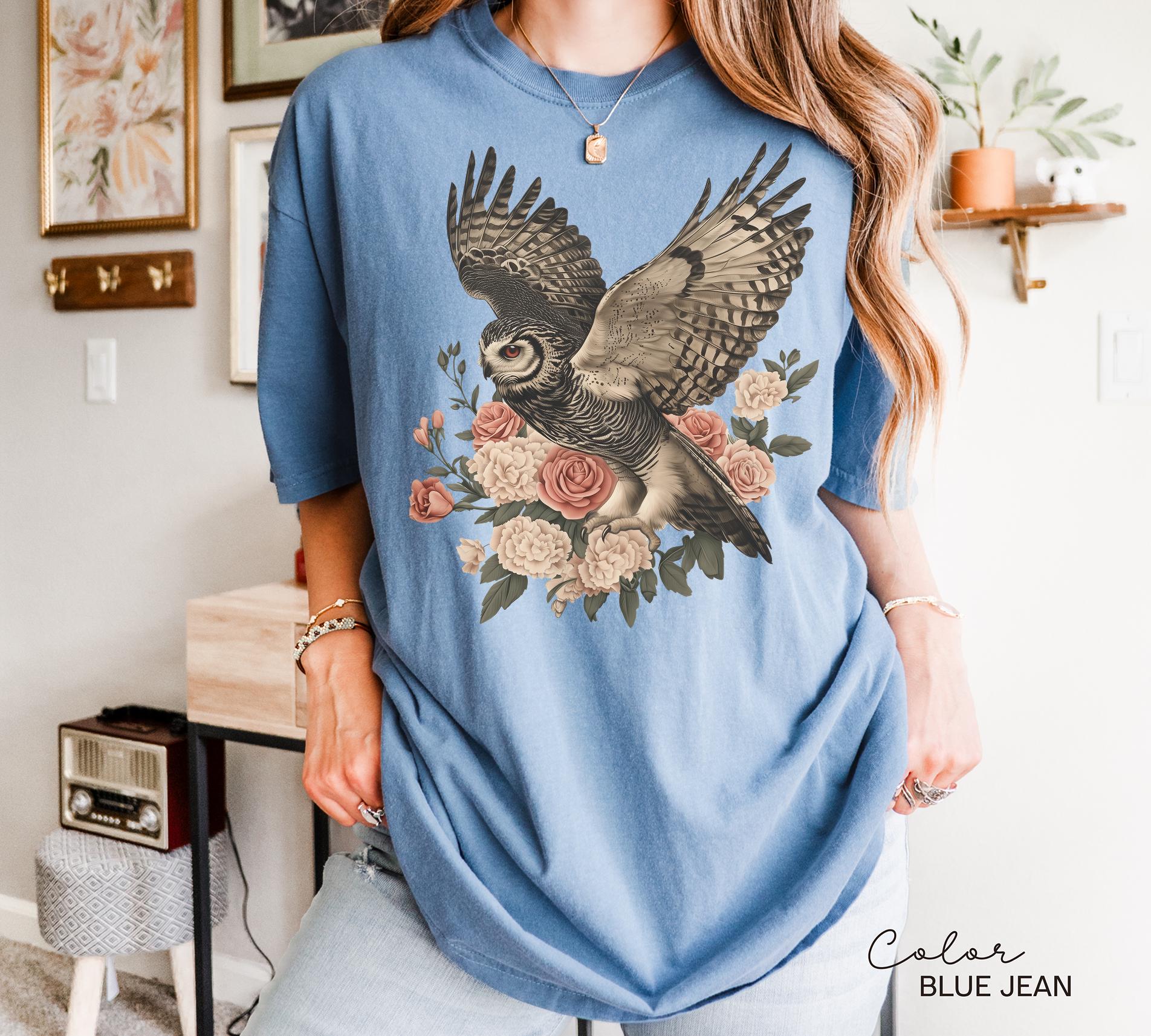 Vintage Style Owl Shirt, Cottagecore Floral Sweatshirt, Folk Art Forest Animal TShirt, Woodland Aesthetic
