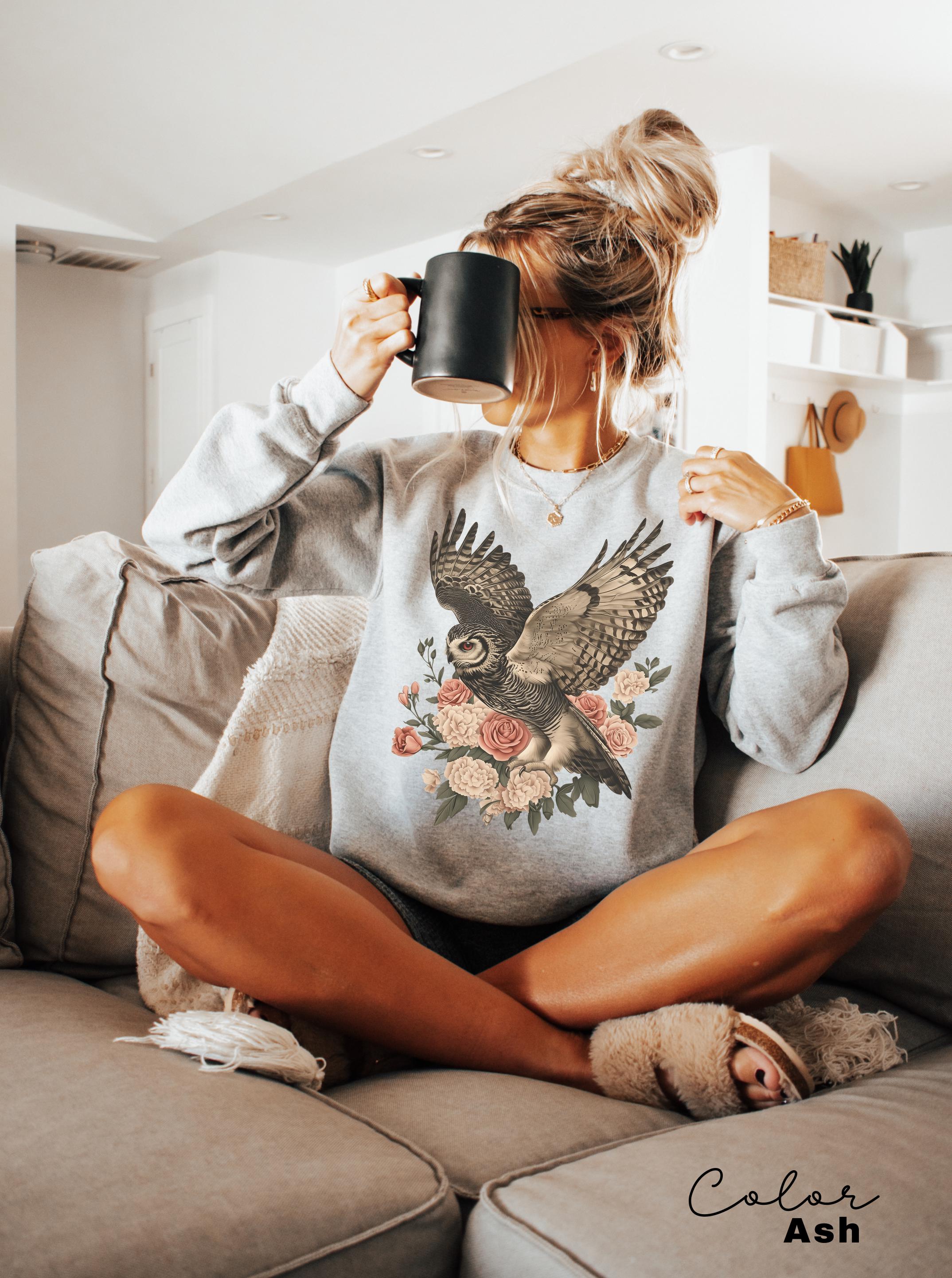 Vintage Style Owl Shirt, Cottagecore Floral Sweatshirt, Folk Art Forest Animal TShirt, Woodland Aesthetic