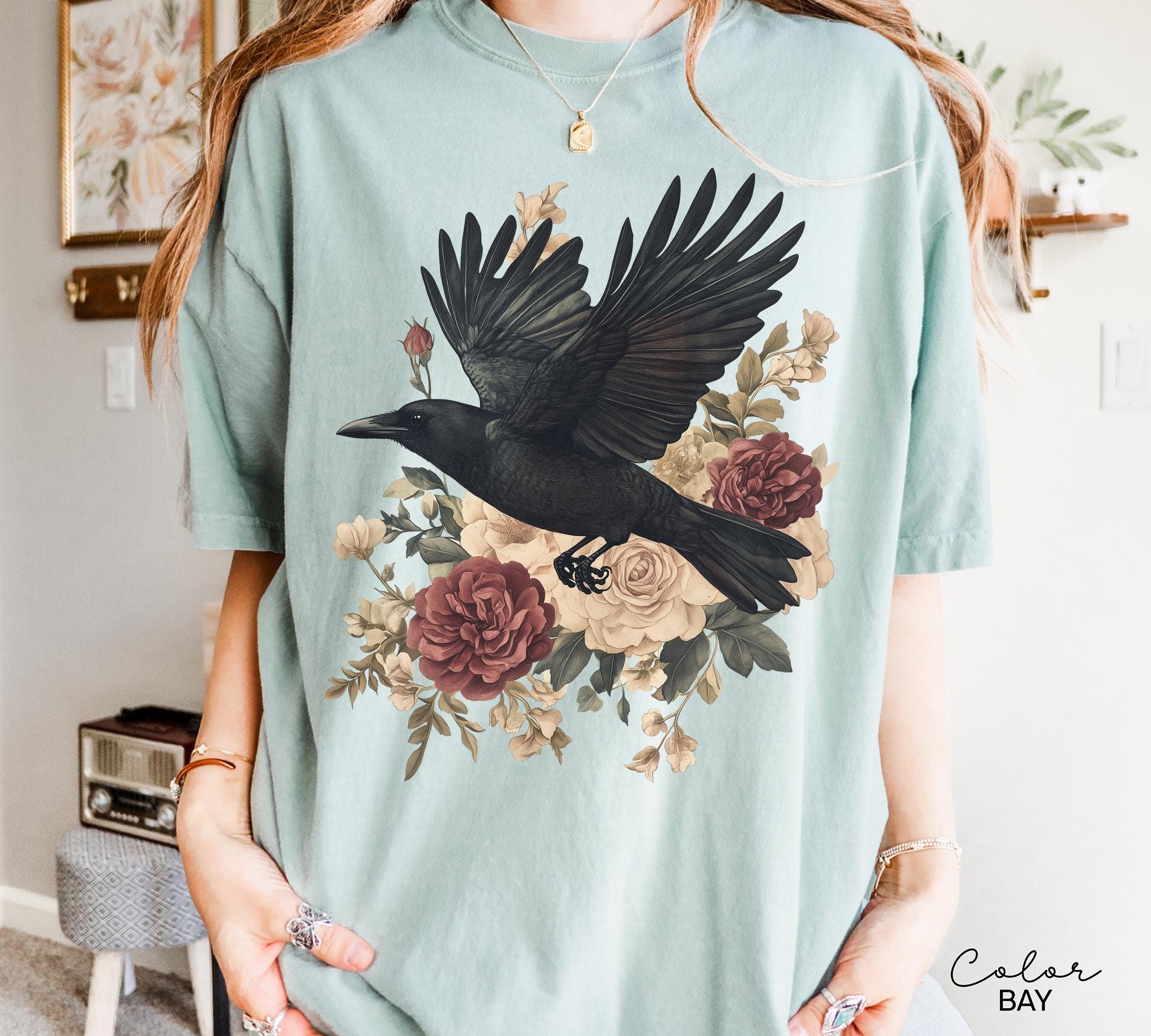 Crow Floral T-Shirt, Gothic Cottagecore Graphic Tee, Crow 90s T Shirt, Cottagecore Floral Sweatshirt,