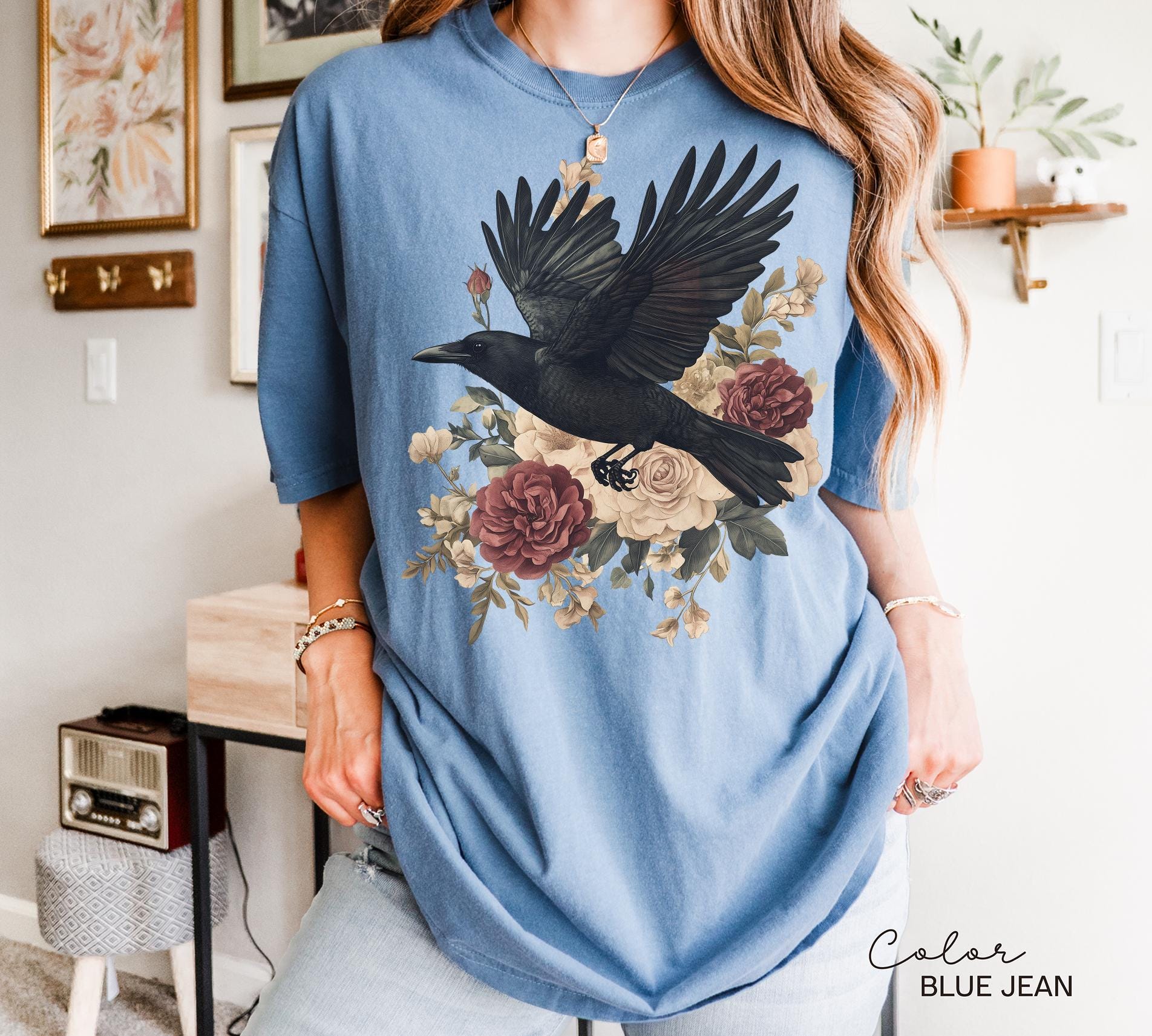 Crow Floral T-Shirt, Gothic Cottagecore Graphic Tee, Crow 90s T Shirt, Cottagecore Floral Sweatshirt,