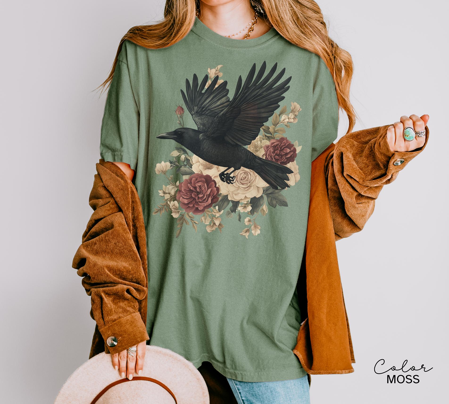 Crow Floral T-Shirt, Gothic Cottagecore Graphic Tee, Unisex Shirt