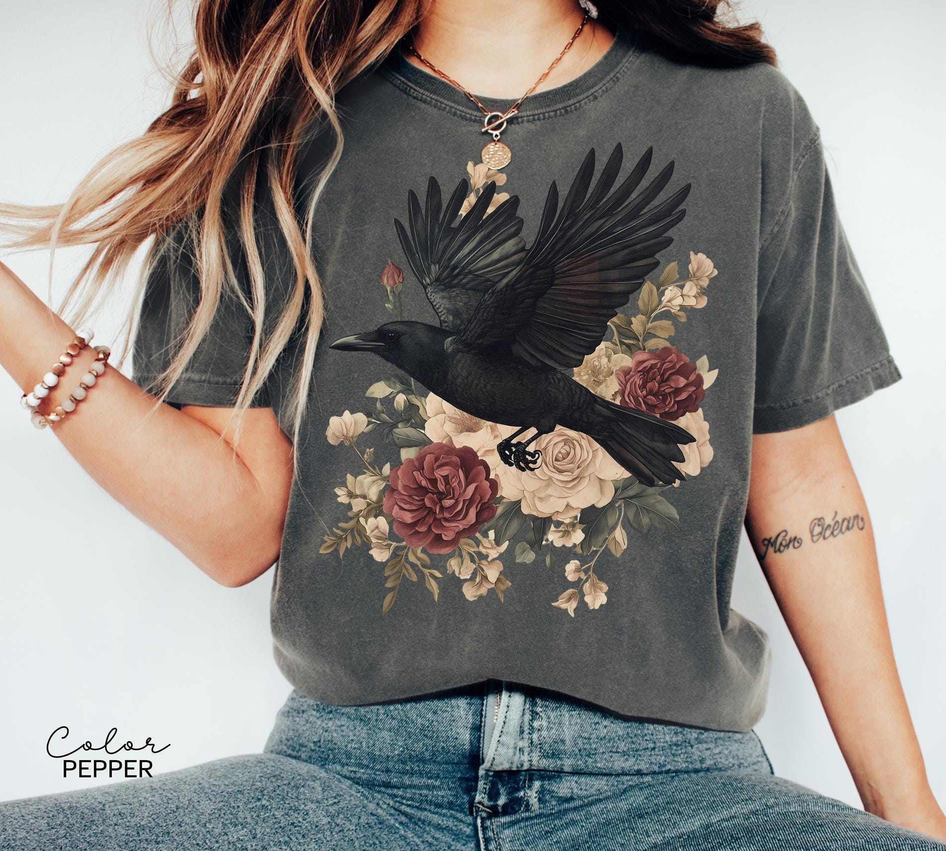 Crow Floral T-Shirt, Gothic Cottagecore Graphic Tee, Unisex Shirt