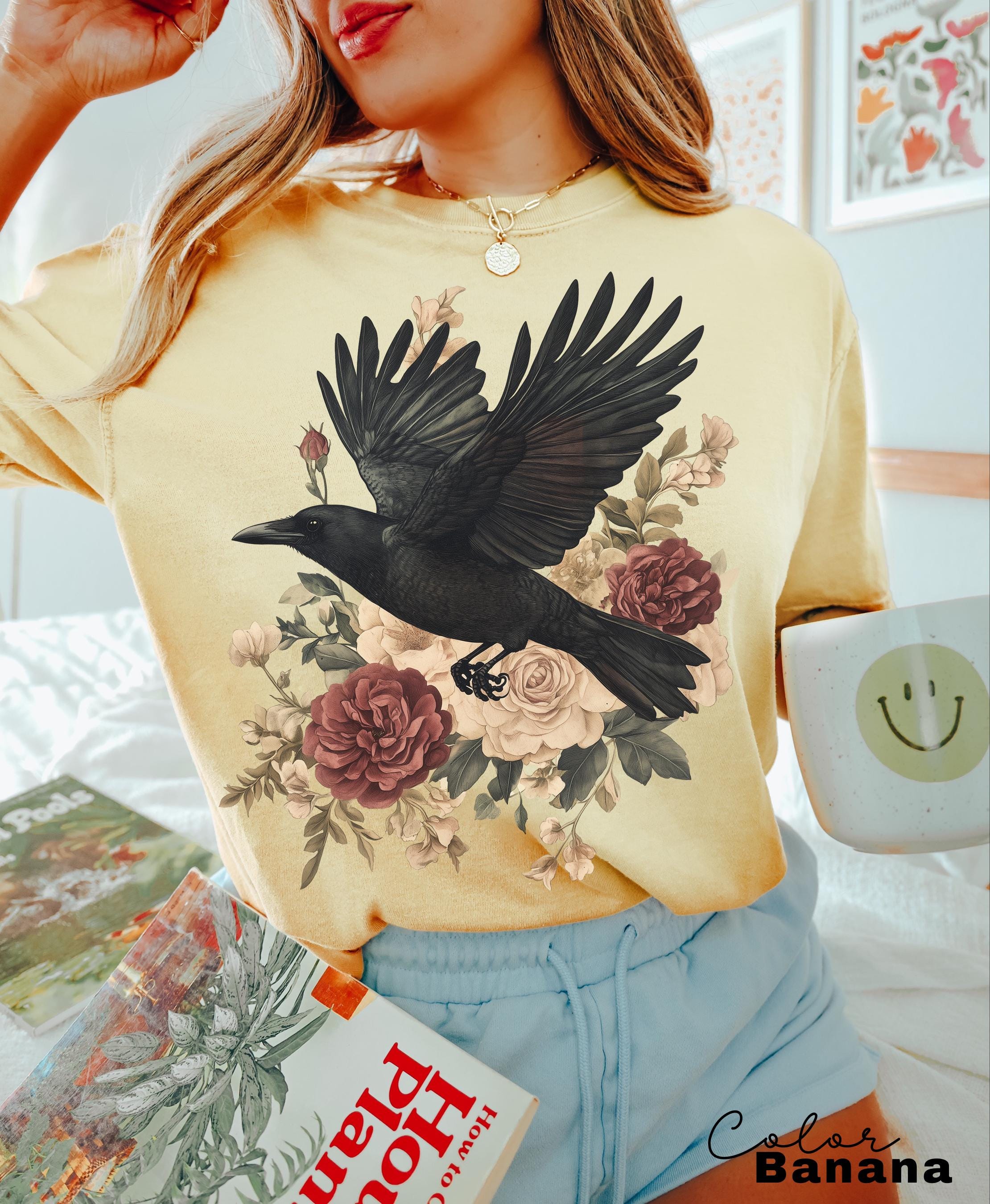 Crow Floral T-Shirt, Gothic Cottagecore Graphic Tee, Unisex Shirt